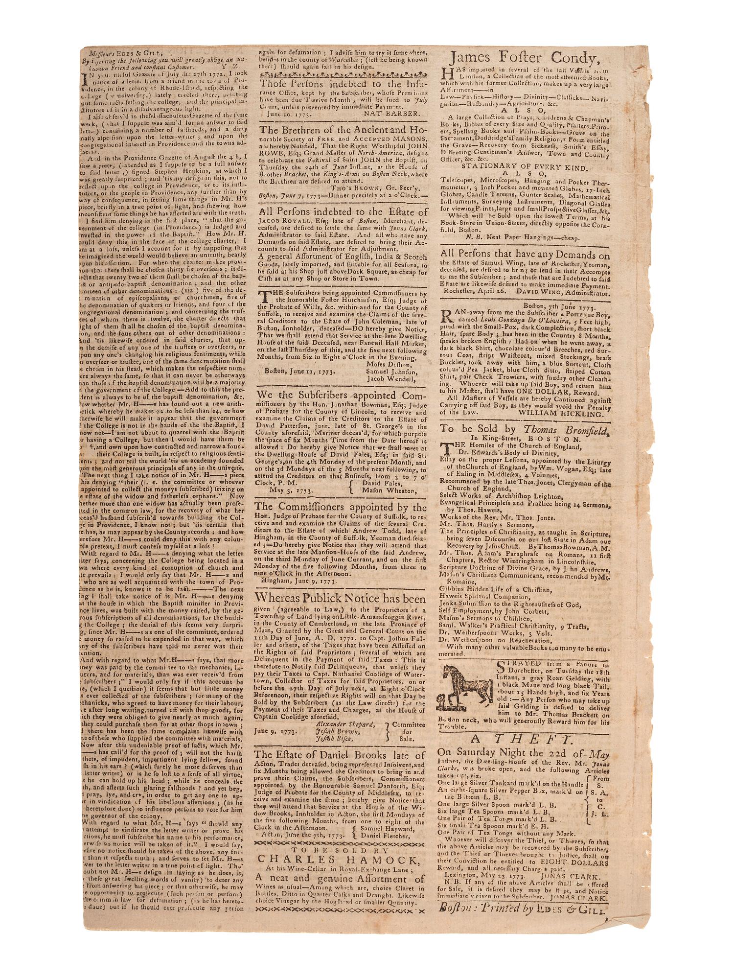 [PRE-REVOLUTIONARY WAR]. The Boston Gazette and Country Journal . No. 950. Boston, MA: Edes & Gill, 21 June 1773.