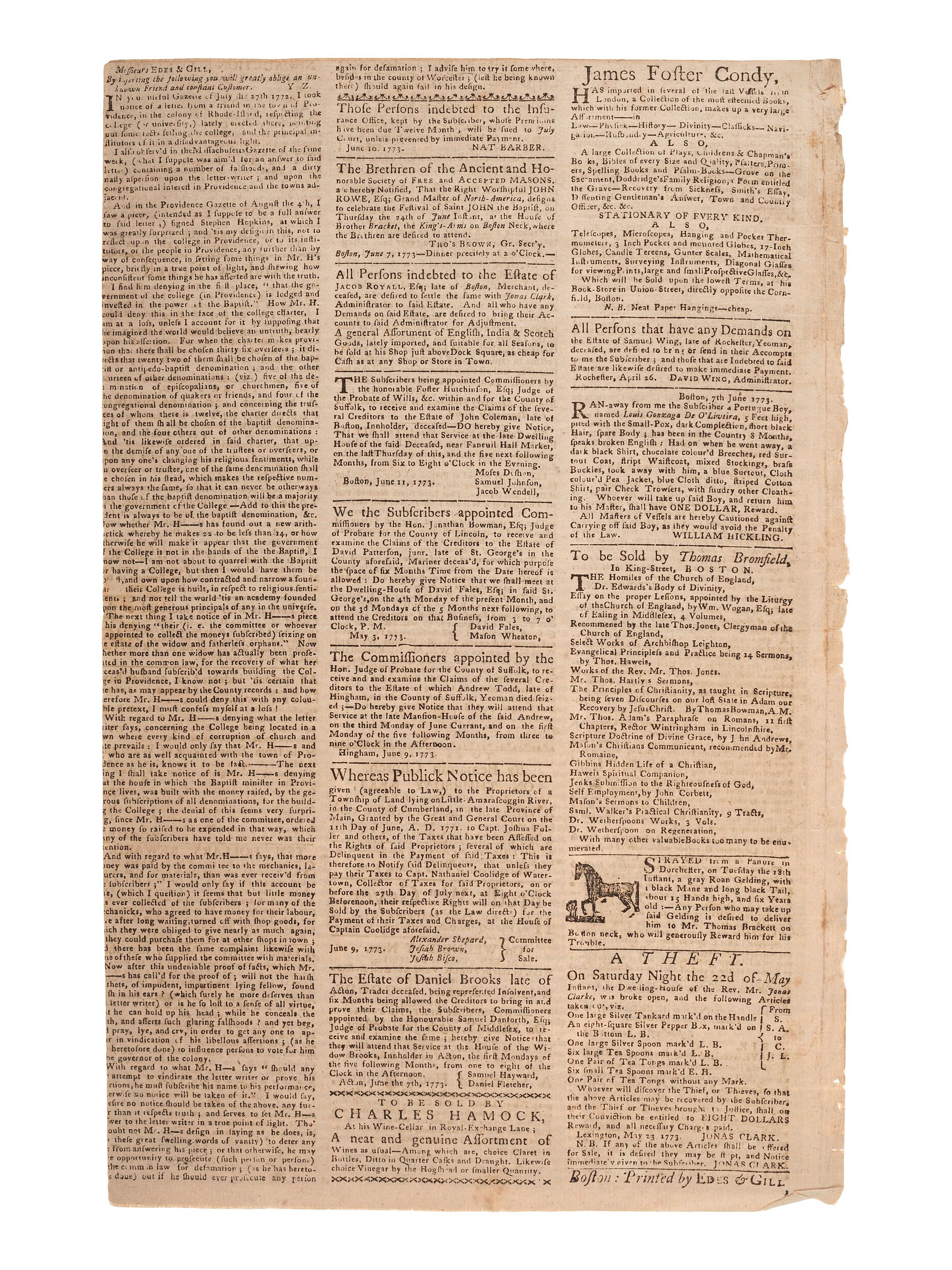 [PRE-REVOLUTIONARY WAR]. The Boston Gazette and Country Journal . No. 950. Boston, MA: Edes & Gill, 21 June 1773.
