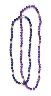 A Collection of Amethyst, Lapis Lazuli and Yellow Gold Bead Necklaces, 108.80 dwts.