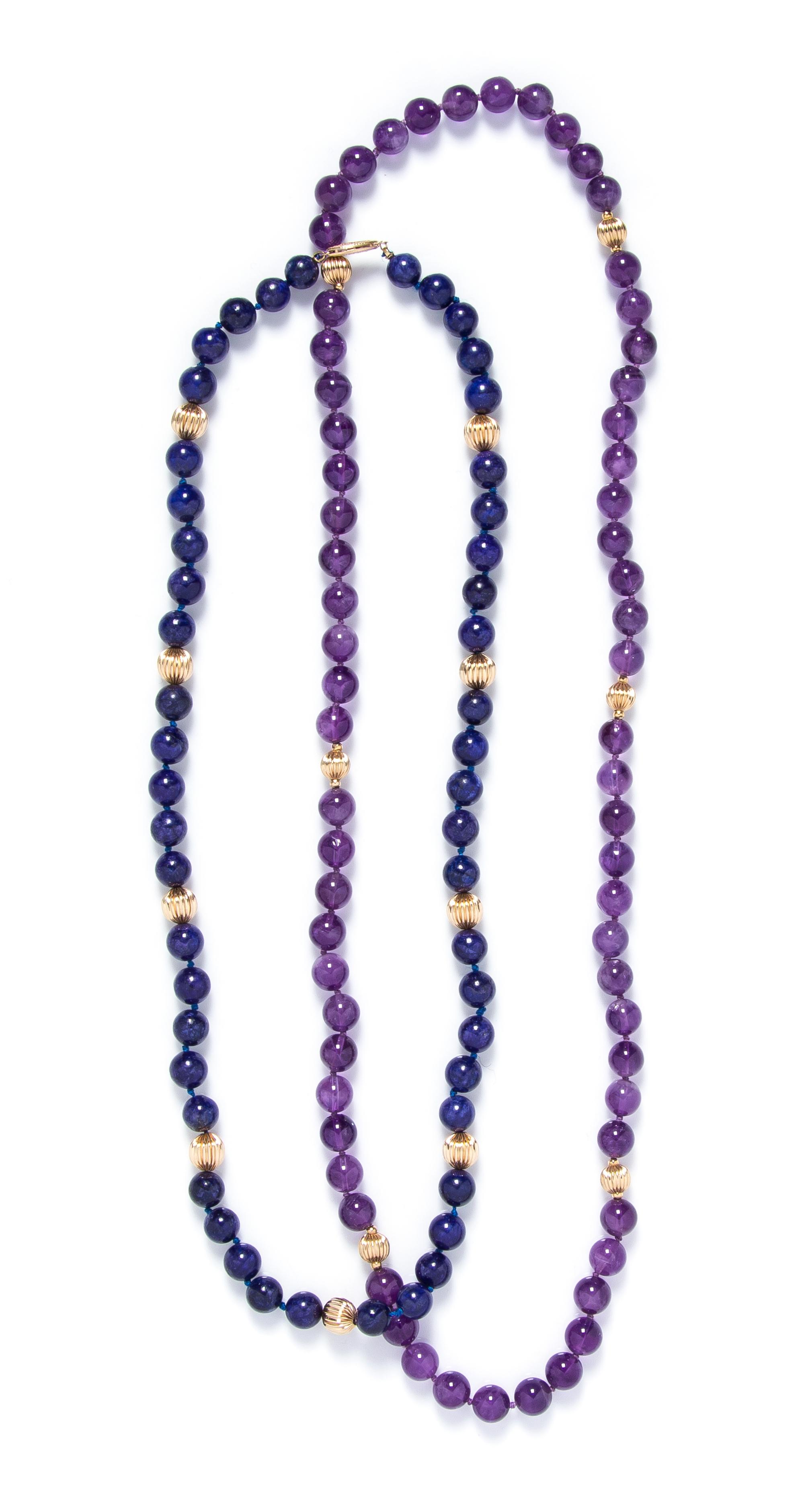 A Collection of Amethyst, Lapis Lazuli and Yellow Gold Bead Necklaces, 108.80 dwts.