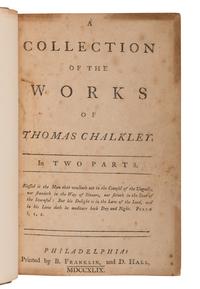 [FRANKLIN PRINTING]. Collection of the Works of Thomas Chalkley . Philadelphia: B. Franklin and D. Hall, 1749.