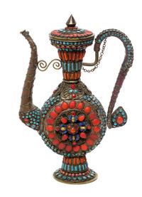 A Tibetan Silver and Hardstone Inset Wine Ewer Height 9 inches.