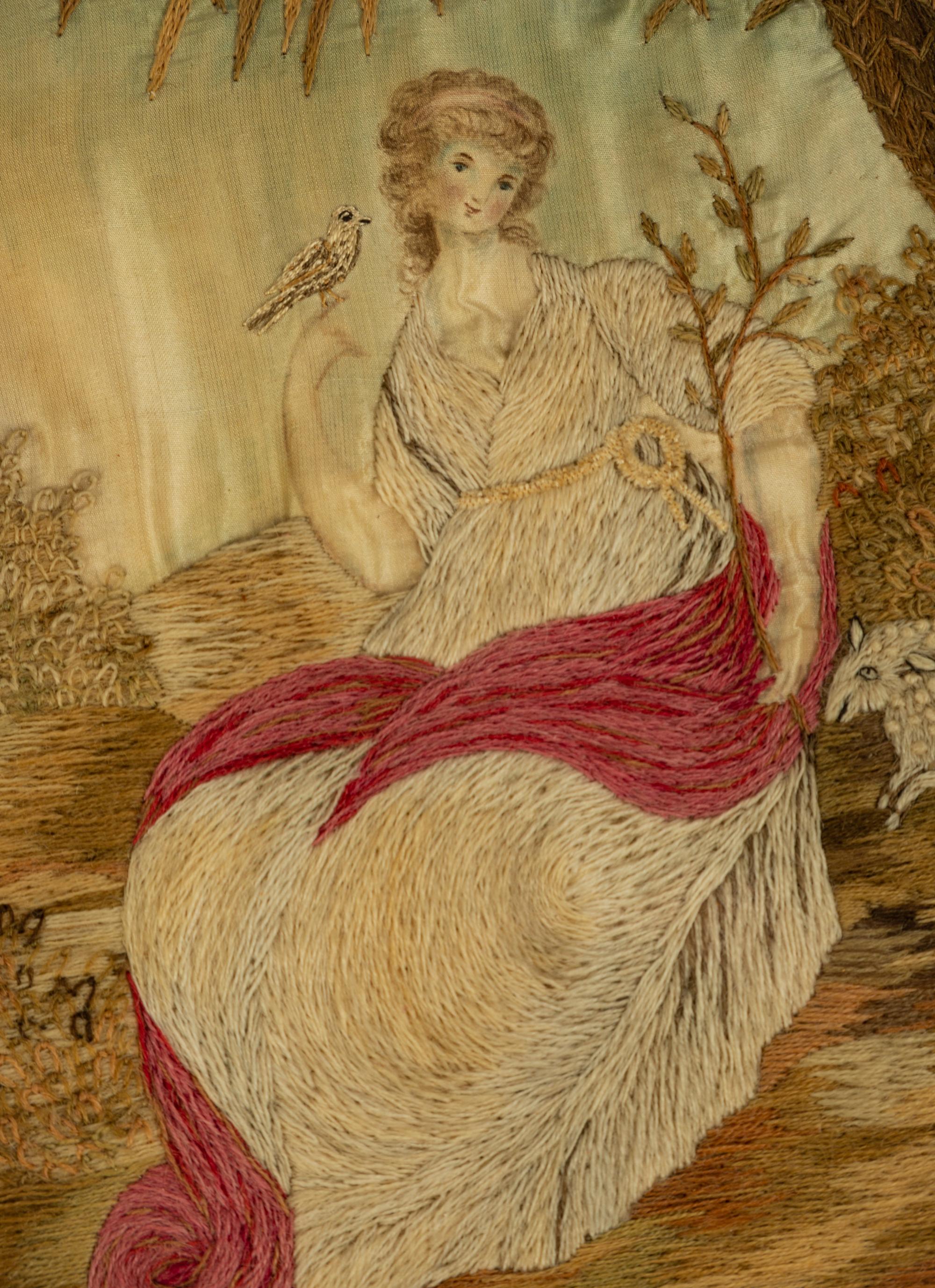 A Pair of English Silk Embroidered and Painted Pictures in Oval Giltwood Frames — 19TH CENTURY