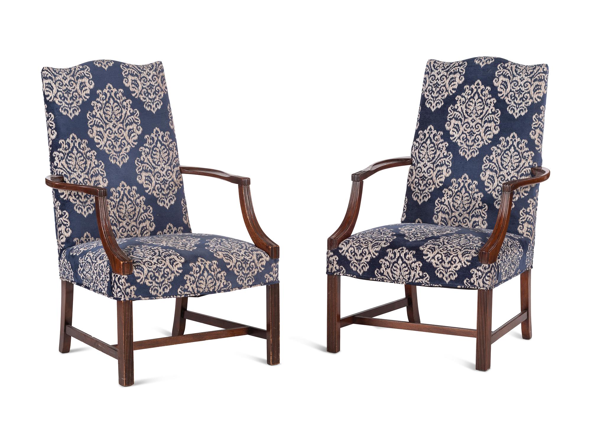 A Pair of George III Style Mahogany Upholstered Armchairs