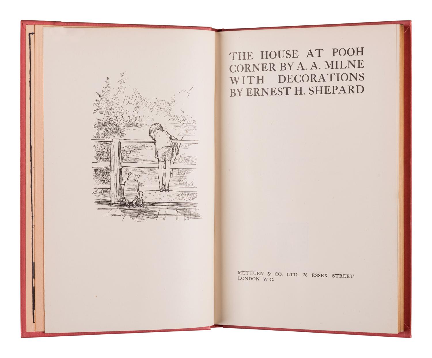 MILNE, Alan Alexander (“A.A. Milne”) (1882-1956). The House at Pooh Corner . Ernest Howard SHEPARD (1879-1976), illustrator. London: Methuen & Co. Ltd., 1928.