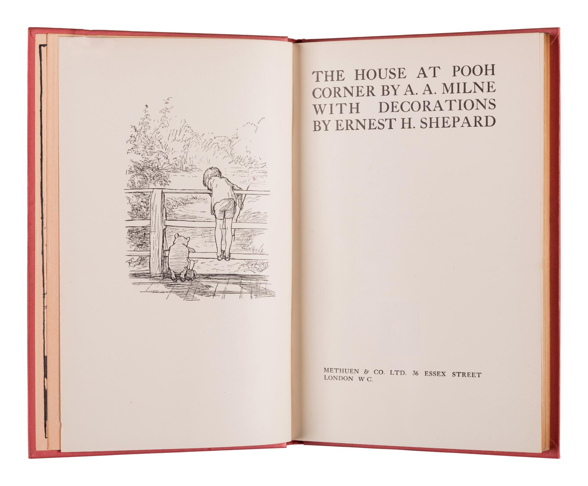 MILNE, Alan Alexander (“A.A. Milne”) (1882-1956). The House at Pooh Corner . Ernest Howard SHEPARD (1879-1976), illustrator. London: Methuen & Co. Ltd., 1928.