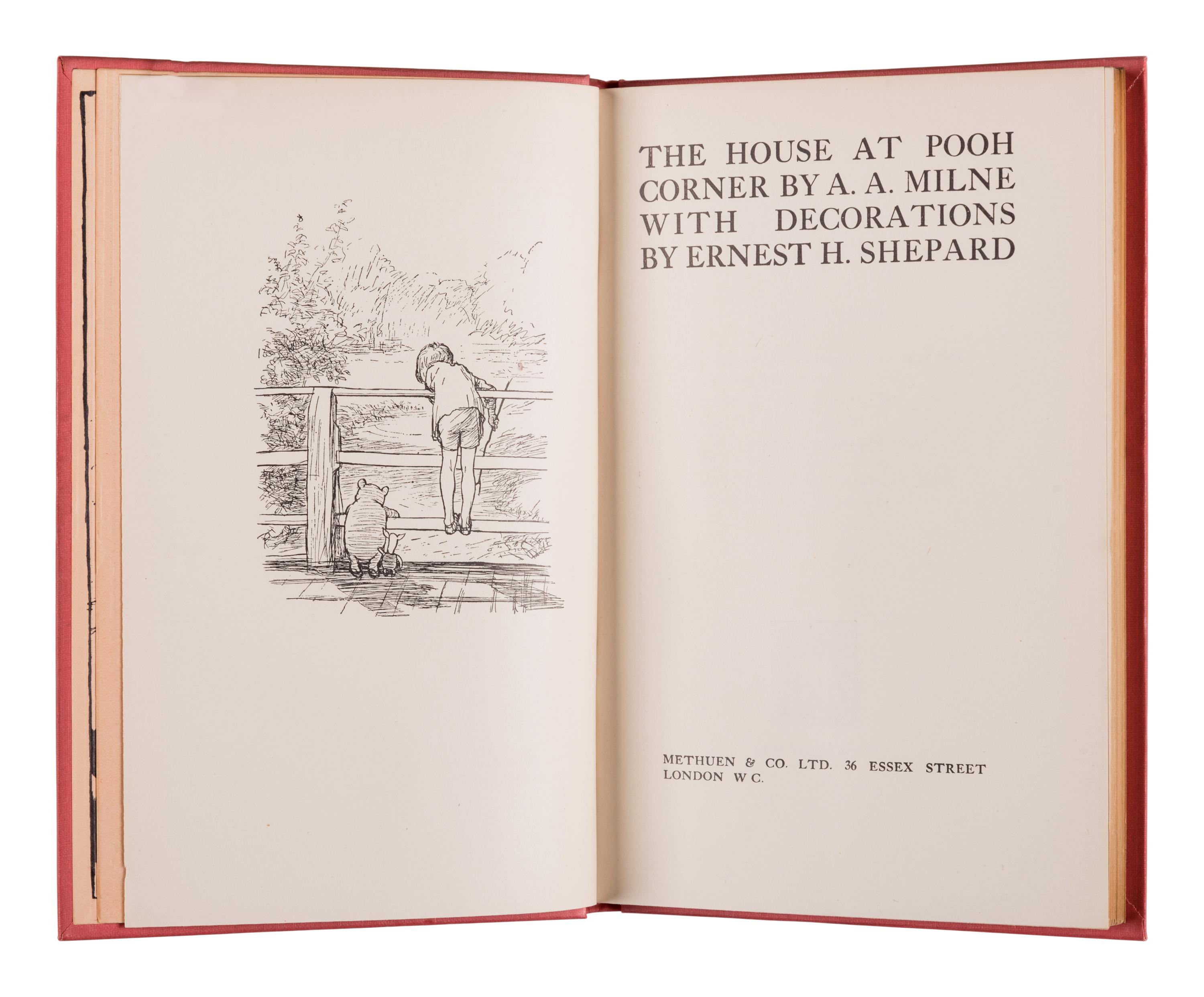 MILNE, Alan Alexander (“A.A. Milne”) (1882-1956). The House at Pooh Corner . Ernest Howard SHEPARD (1879-1976), illustrator. London: Methuen & Co. Ltd., 1928.