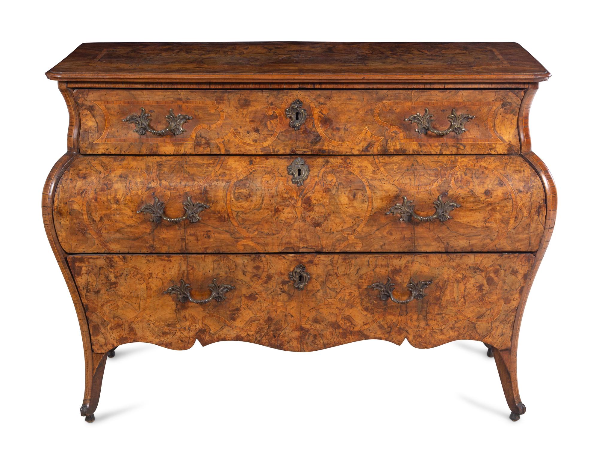 A Venetian Rococo Marquetry and Burl Radica Bombé Commode