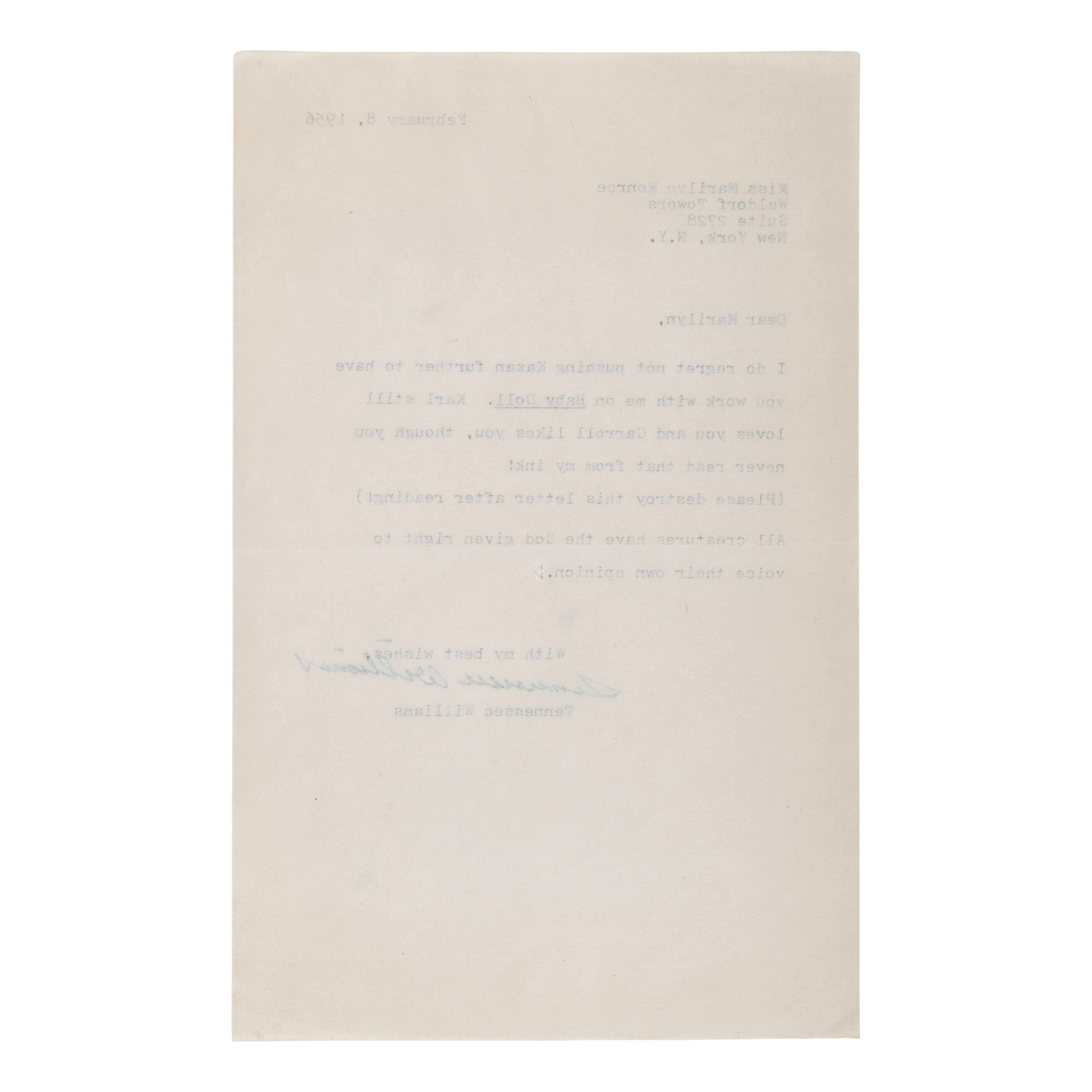 Williams, Tennessee (1911-1983). Typed letter signed ("Tennessee Williams") to Marilyn Monroe, [New York], 8 February 1956.