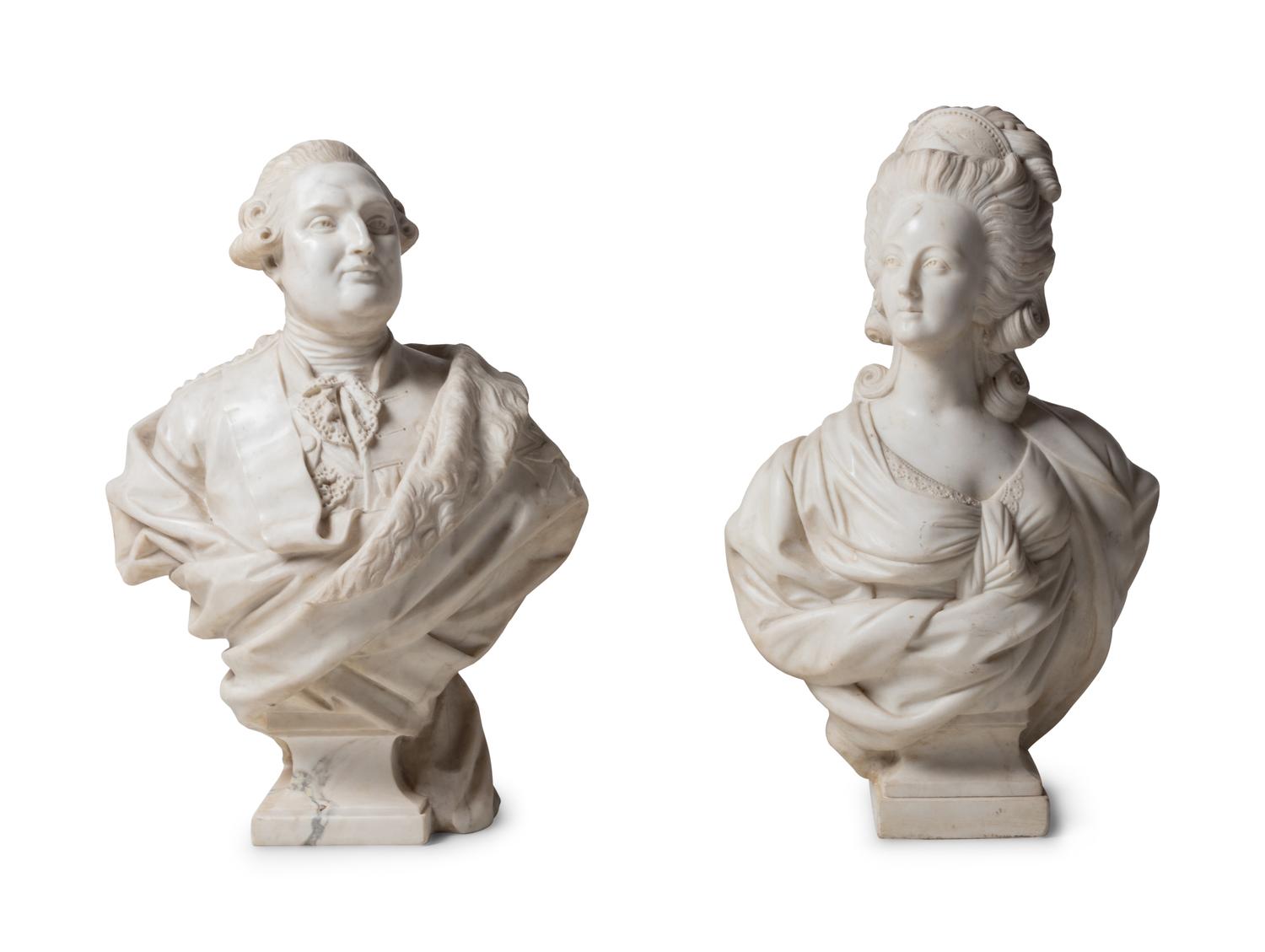 A Pair of French Carved Marble Busts of Louis XVI and Marie Antoinette