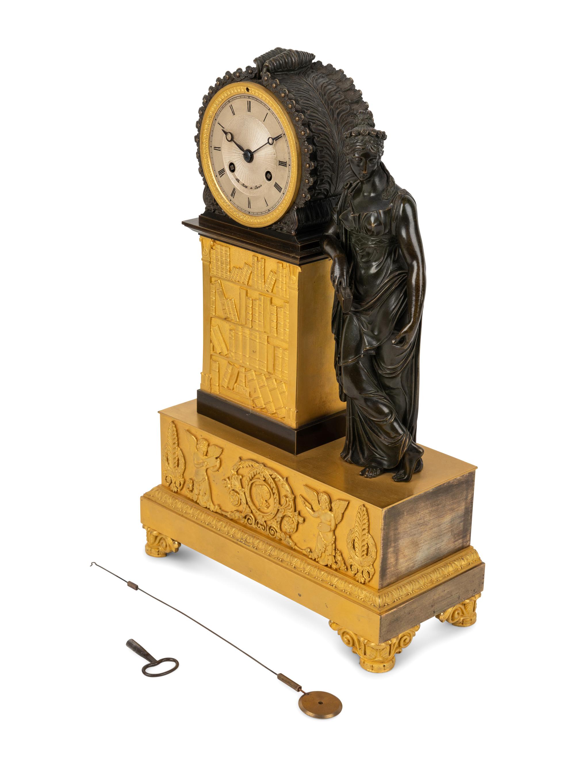 A French Gilt and Patinated Bronze Figural Mantel Clock