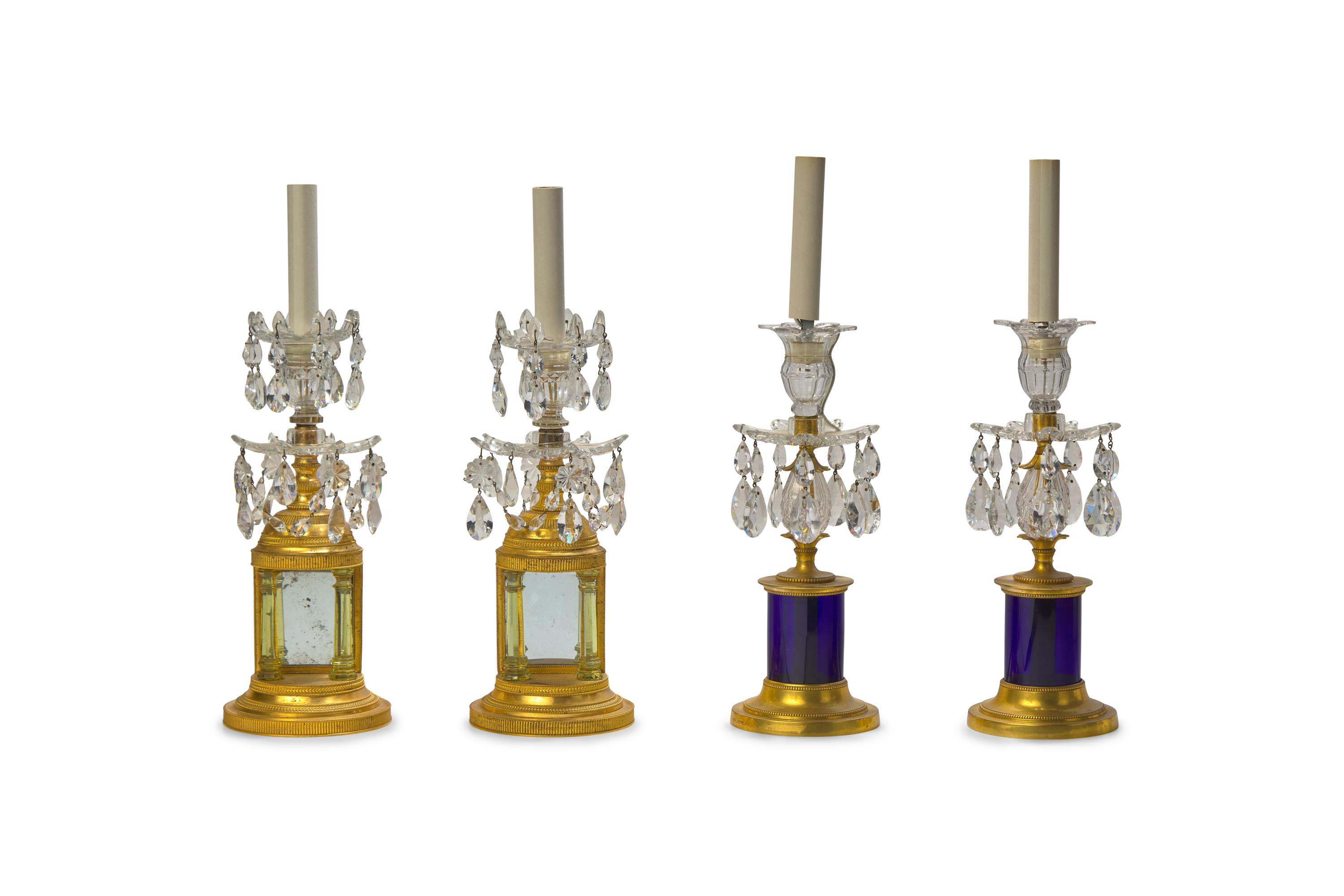 Two Pairs of George III Gilt Bronze and Cut-Glass Candlesticks