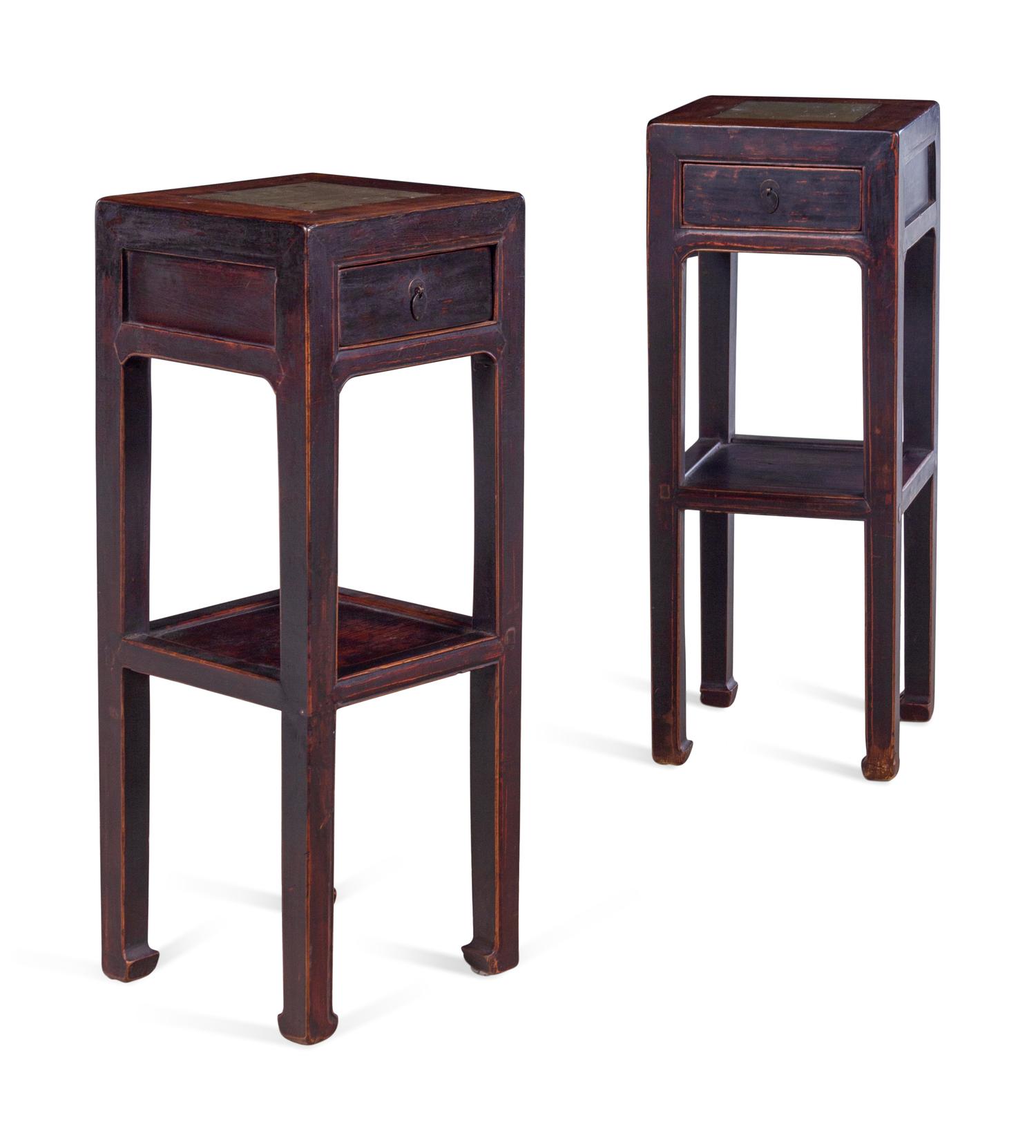 A Chinese Carved One Drawer Marble Inset Jardinière Stand