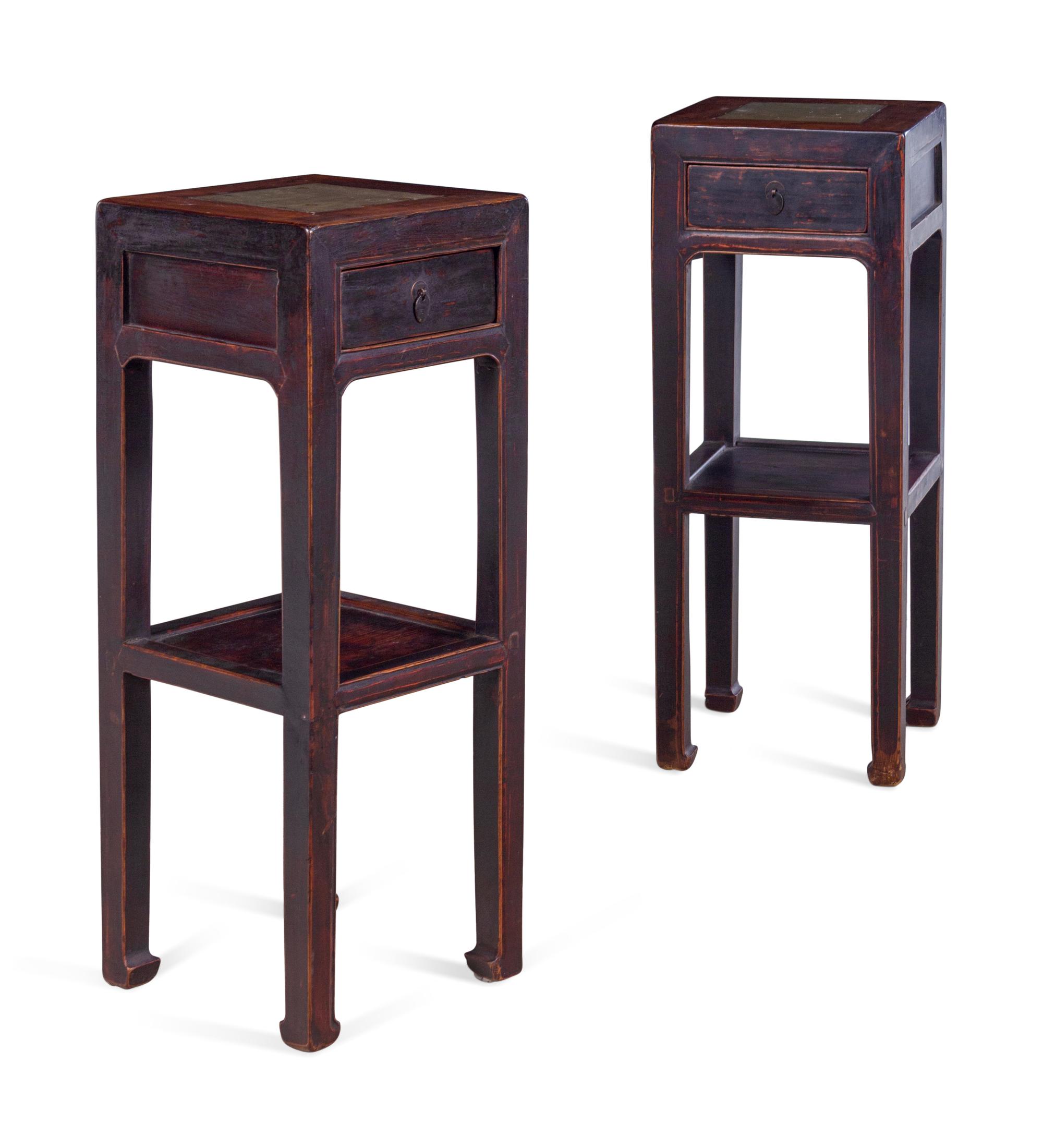A Chinese Carved One Drawer Marble Inset Jardinière Stand