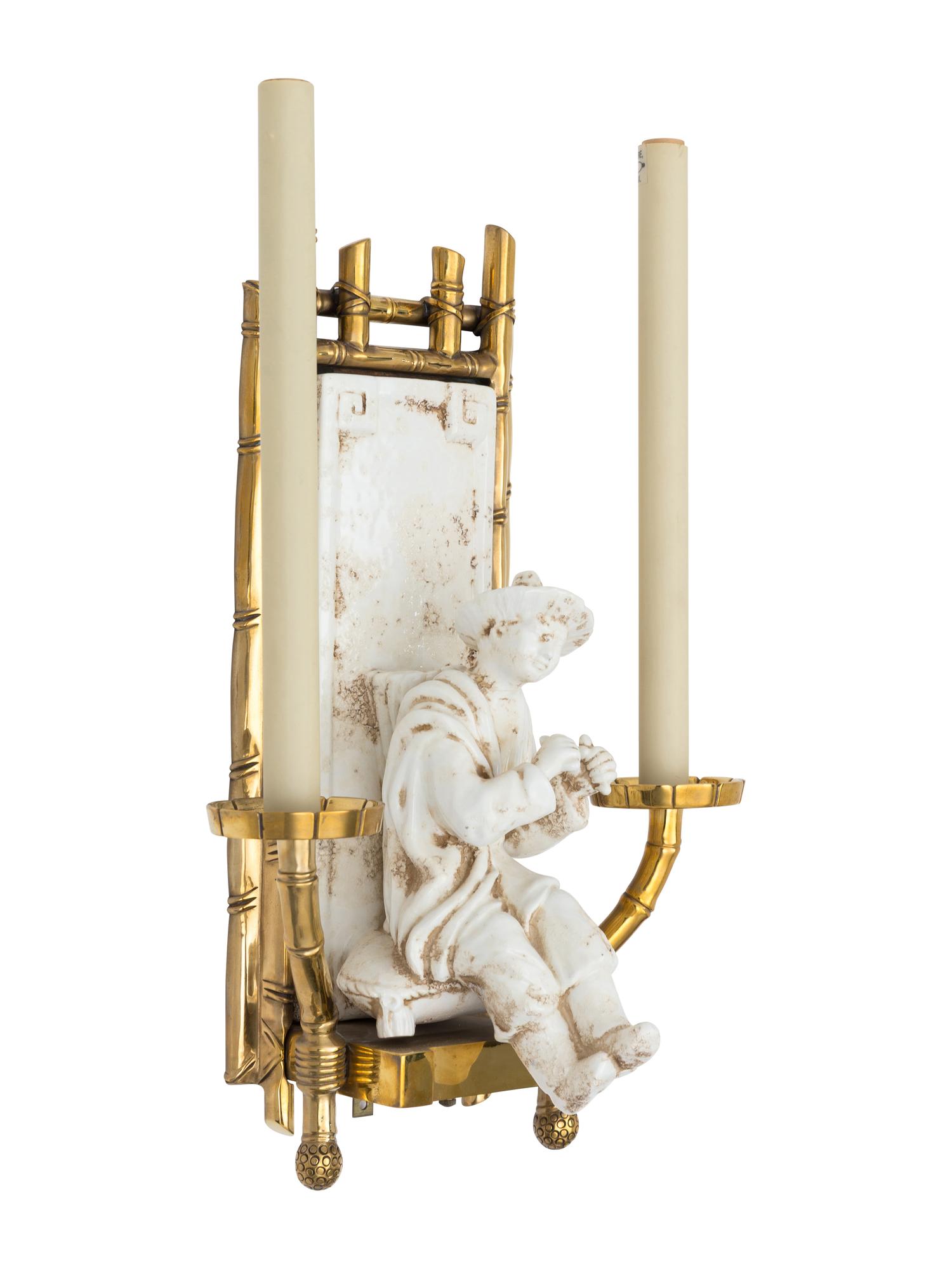 A Pair of Chapman Chinoiserie Brass and Ceramic Two-Light Sconces