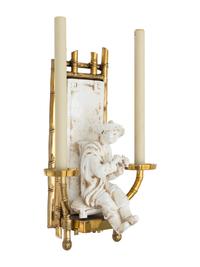 A Pair of Chapman Chinoiserie Brass and Ceramic Two-Light Sconces