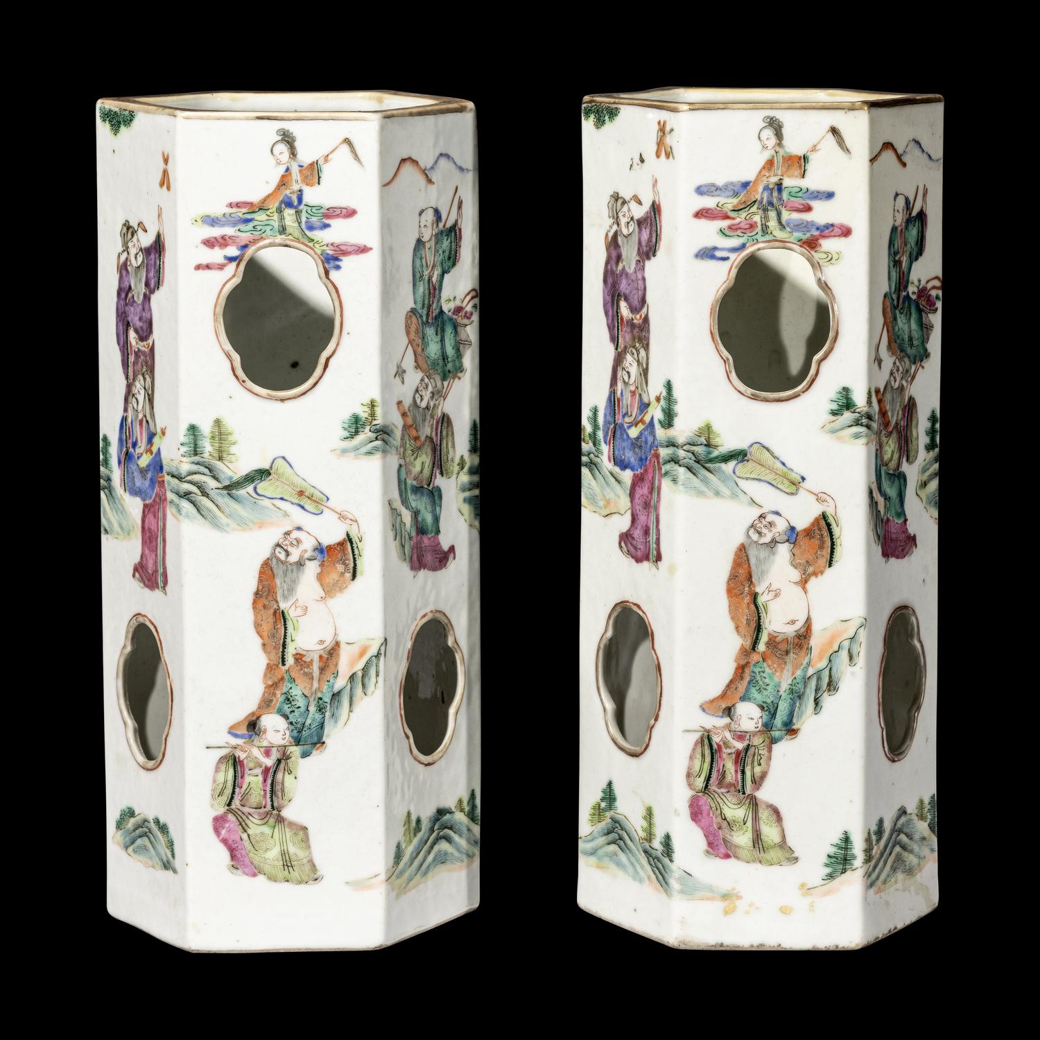 A Pair of Chinese Famille Rose Hexagonal Porcelain Hat Stands