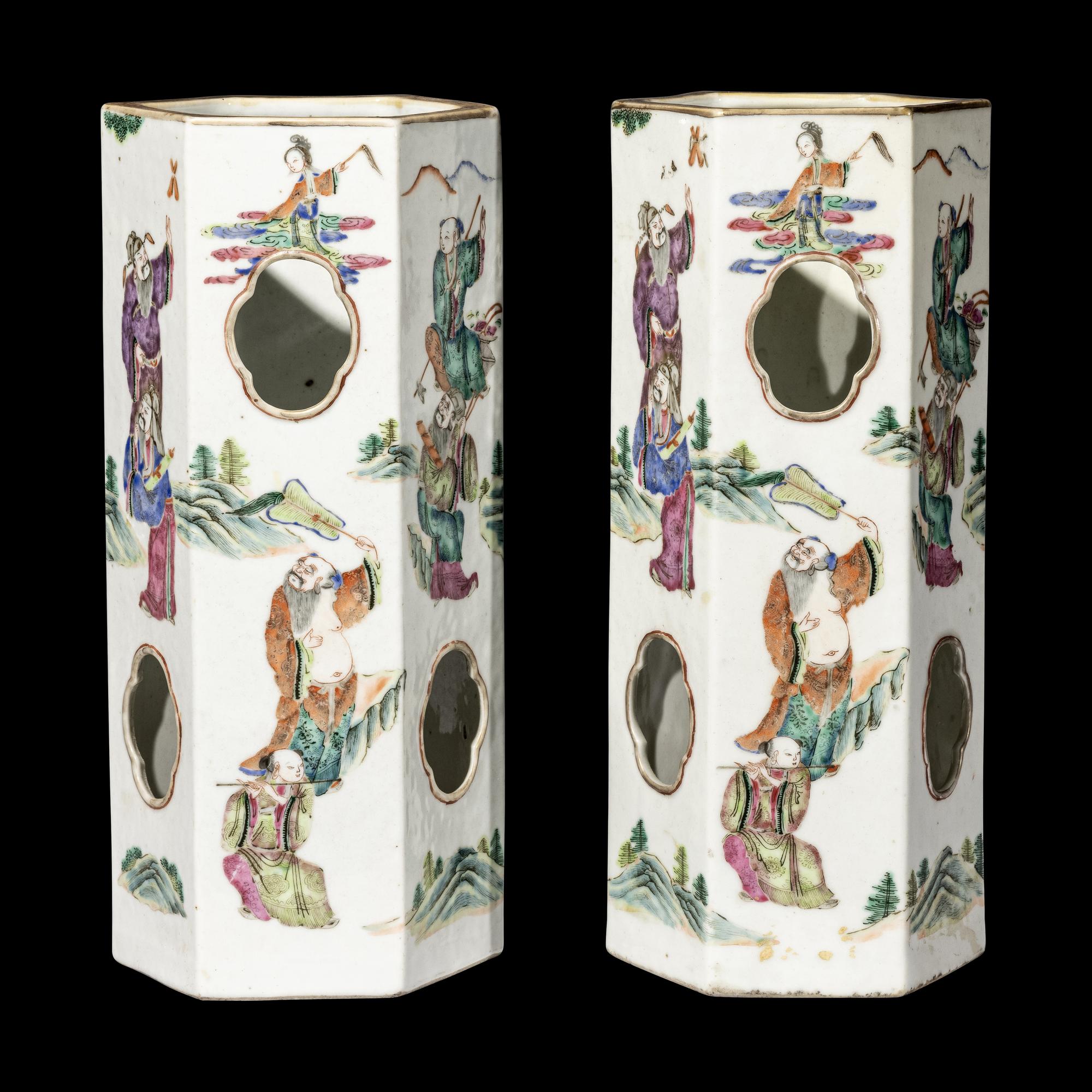 A Pair of Chinese Famille Rose Hexagonal Porcelain Hat Stands