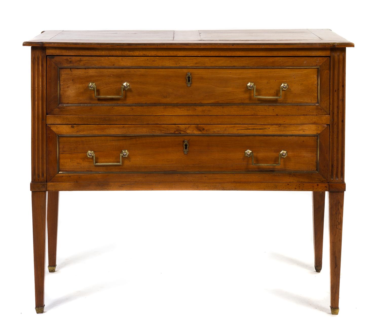 A Directoire Brass Banded Walnut Commode, Height 33 x width 39 1/4 x depth 18 inches.