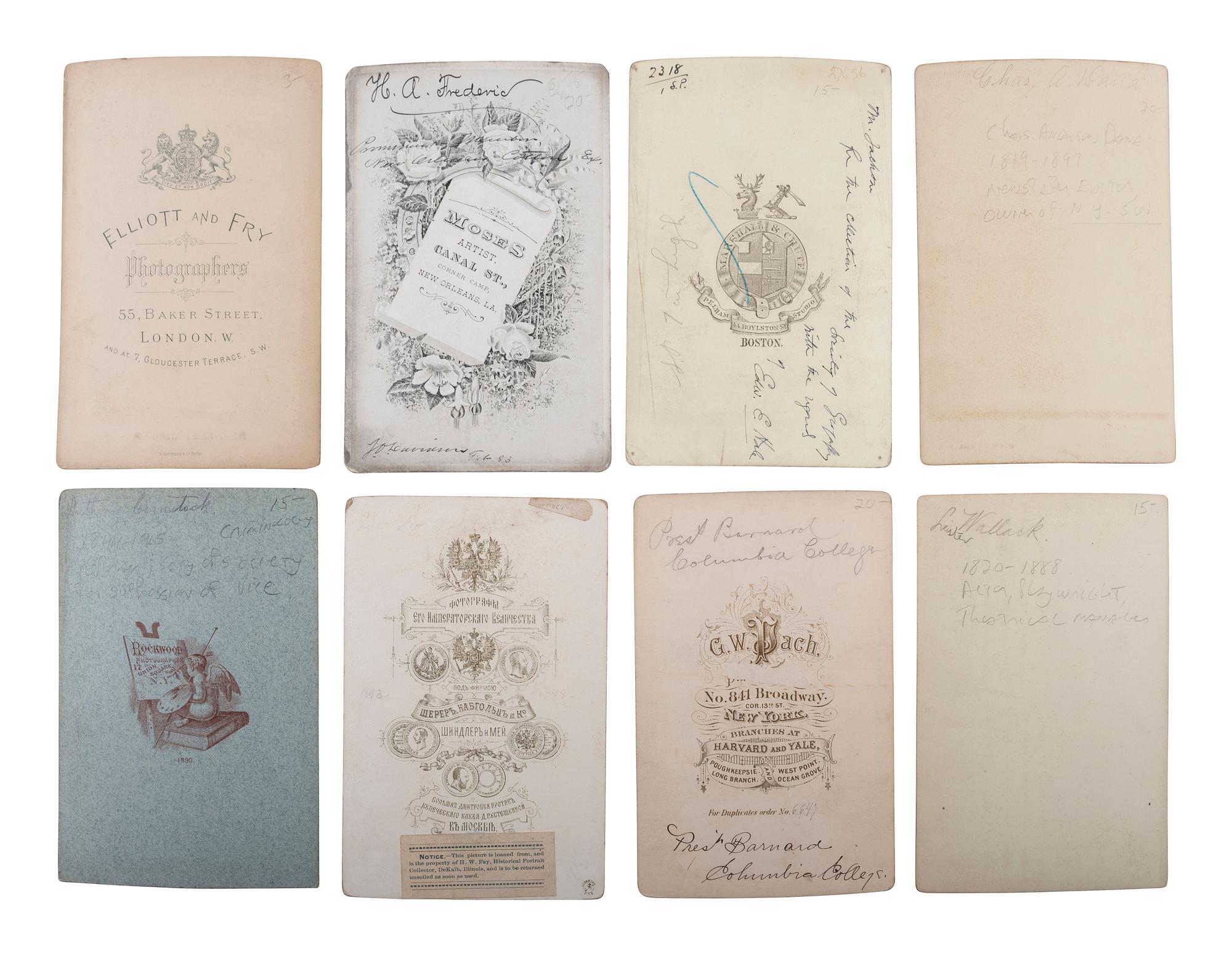 Cabinet cards featuring 19th-century writers, businessmen, and other notable personalities.