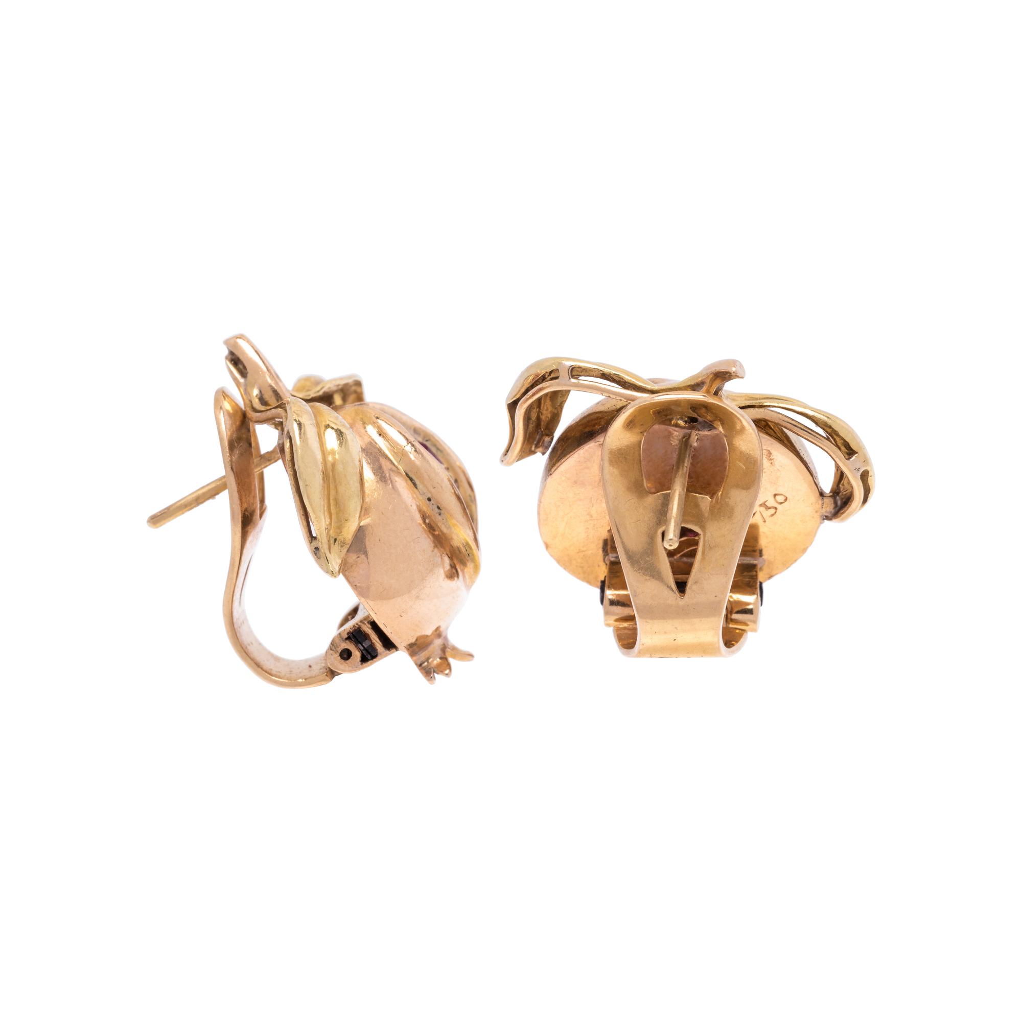 YELLOW GOLD AND RUBY POMEGRANATE EARCLIPS