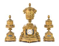 A Louis XVI Style Lapis Lazuli Inset Gilt Bronze Clock Garniture Height of mantel clock 23 3/4 inches. — 20TH CENTURY