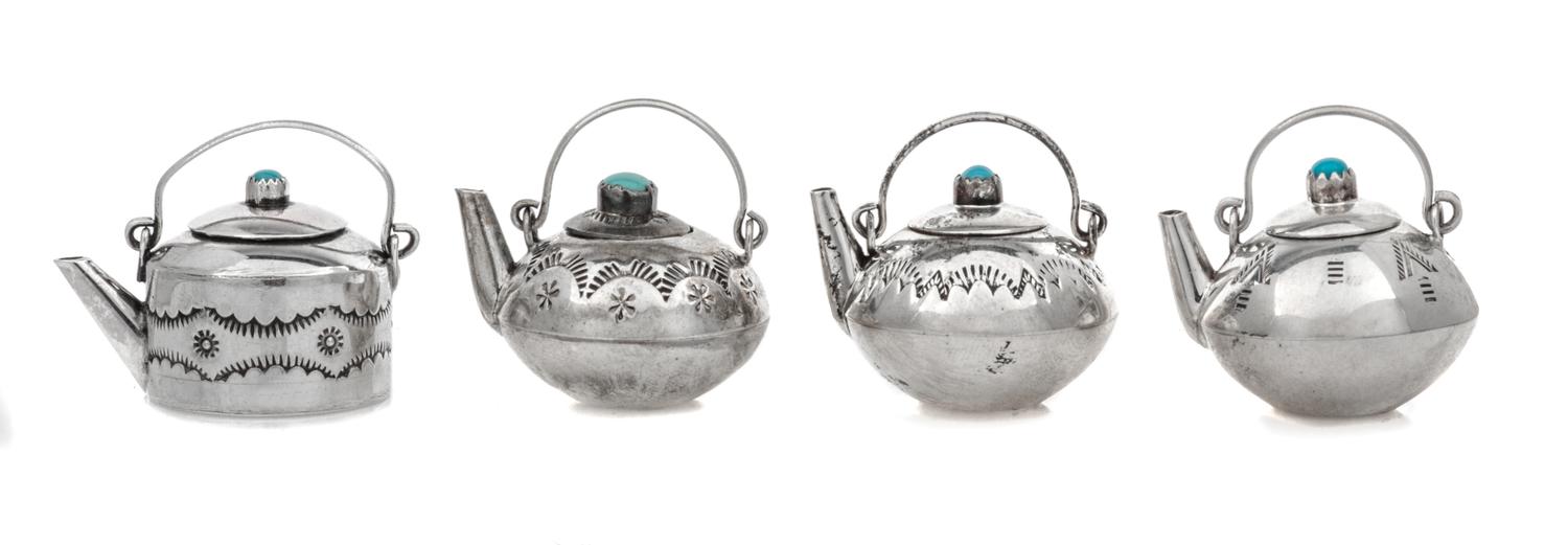 Four Native American Silver Teapots, Elizabeth Whitman, Navajo, each having a turquoise inset lid, the bodies decorated with incised ge