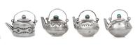 Four Native American Silver Teapots, Elizabeth Whitman, Navajo, each having a turquoise inset lid, the bodies decorated with incised ge