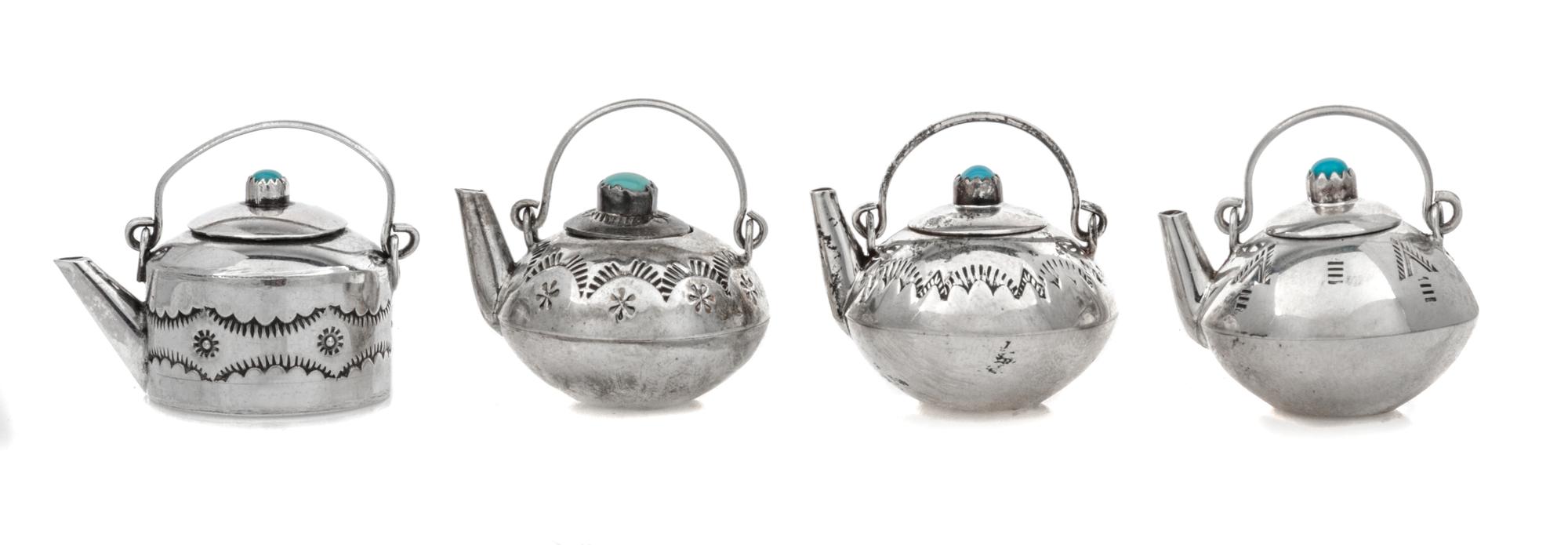 Four Native American Silver Teapots, Elizabeth Whitman, Navajo, each having a turquoise inset lid, the bodies decorated with incised ge