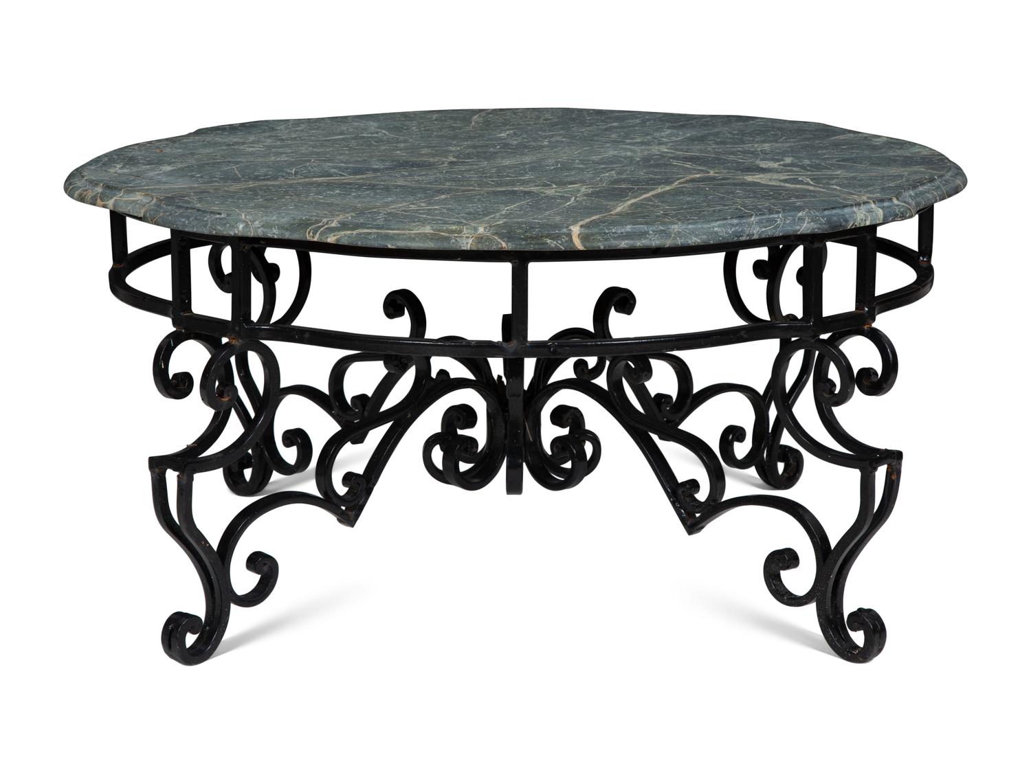 A Wrought Iron Marble-Top Coffee Table