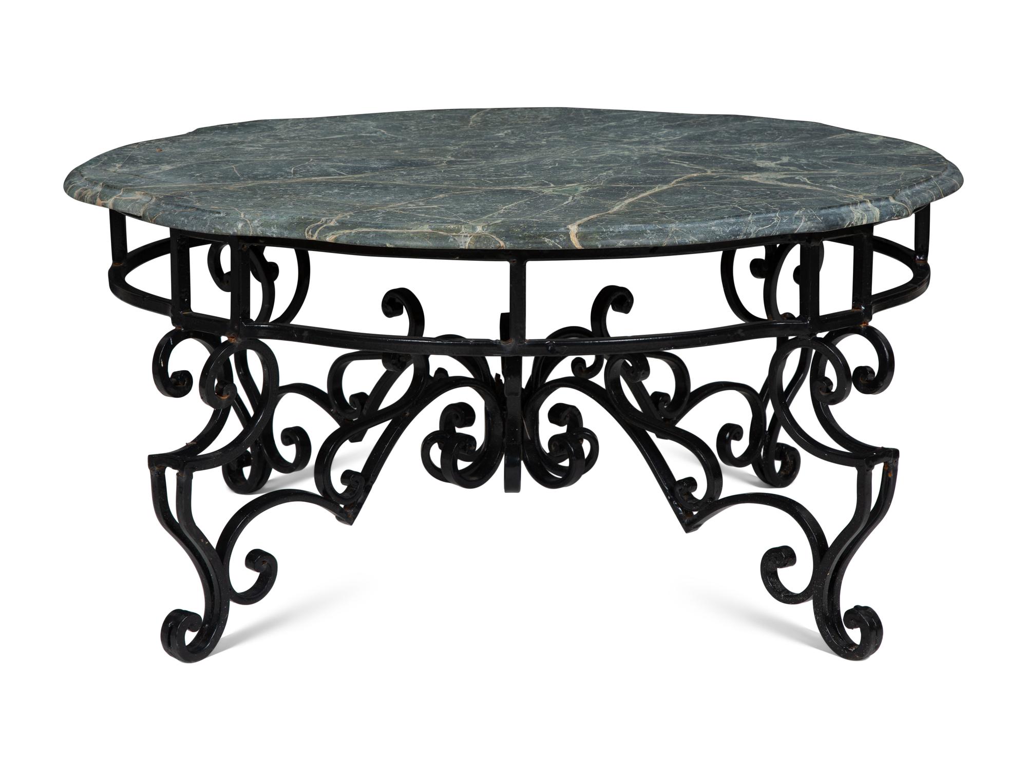 A Wrought Iron Marble-Top Coffee Table
