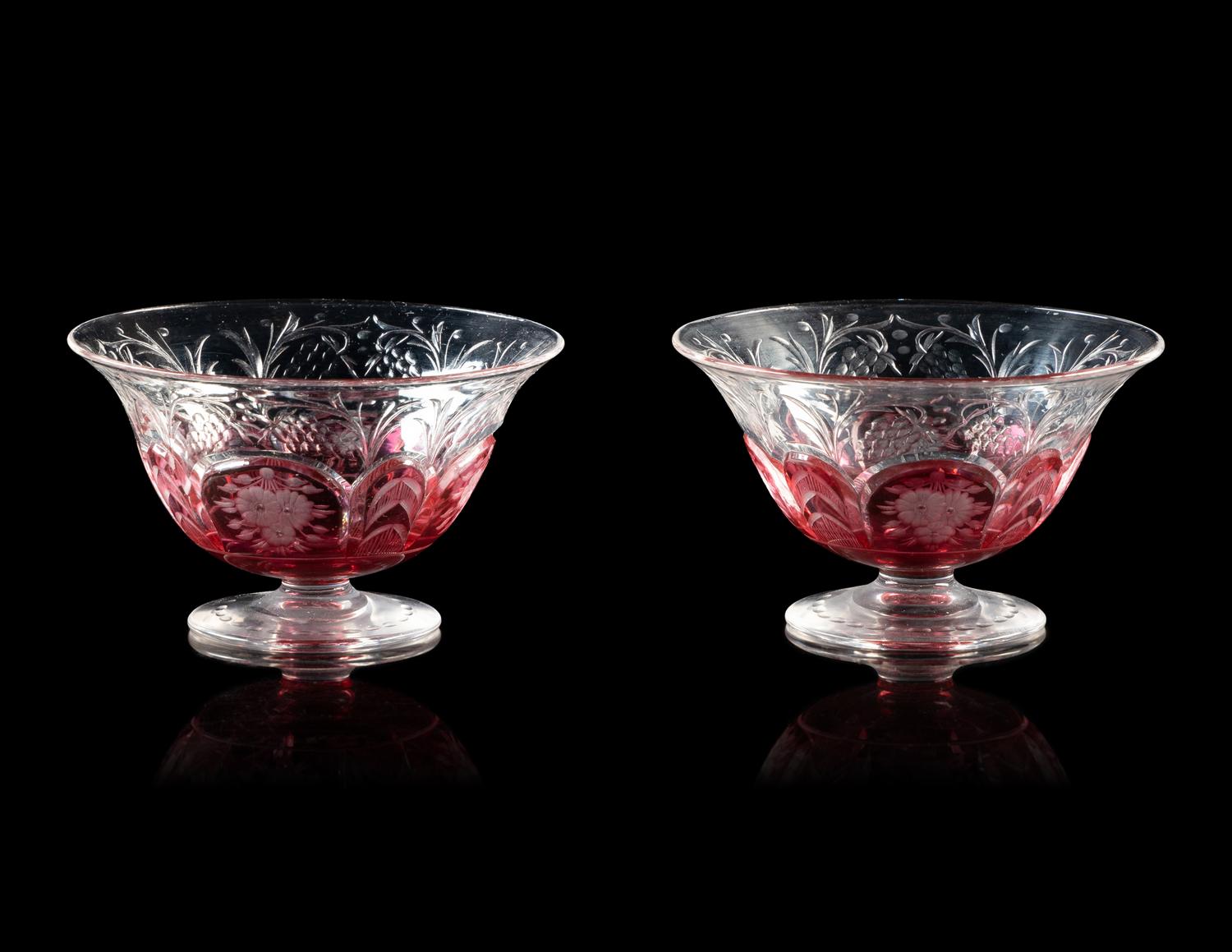 A Pair of Steuben Frosted and Ruby Cut Glass Dessert Bowls