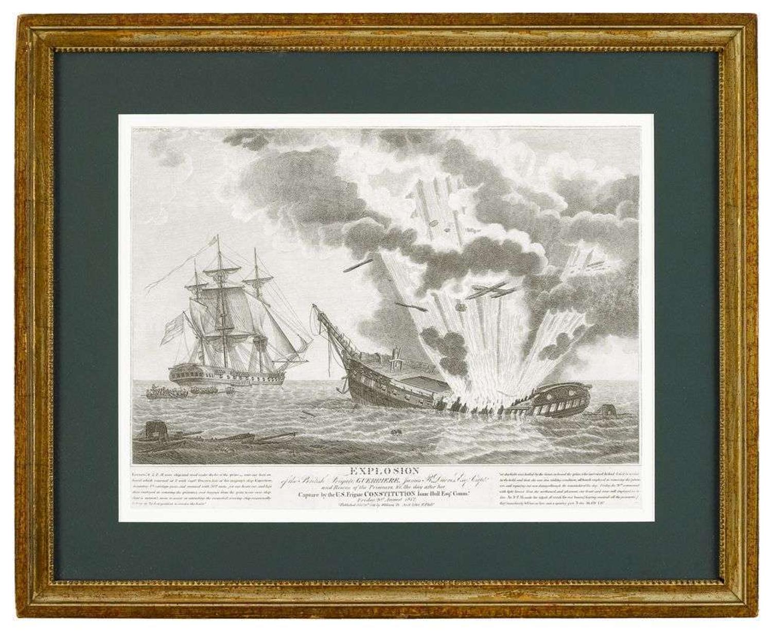 Engraving "explosion of the british frigate guerriere...after her capture by the u.s. frigate"