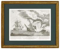Engraving "explosion of the british frigate guerriere...after her capture by the u.s. frigate"