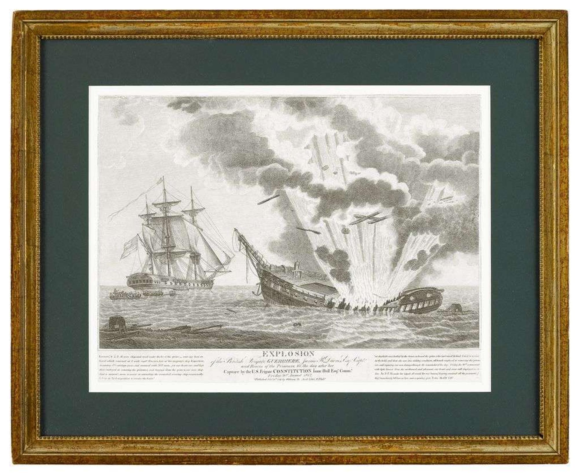 Engraving "explosion of the british frigate guerriere...after her capture by the u.s. frigate"