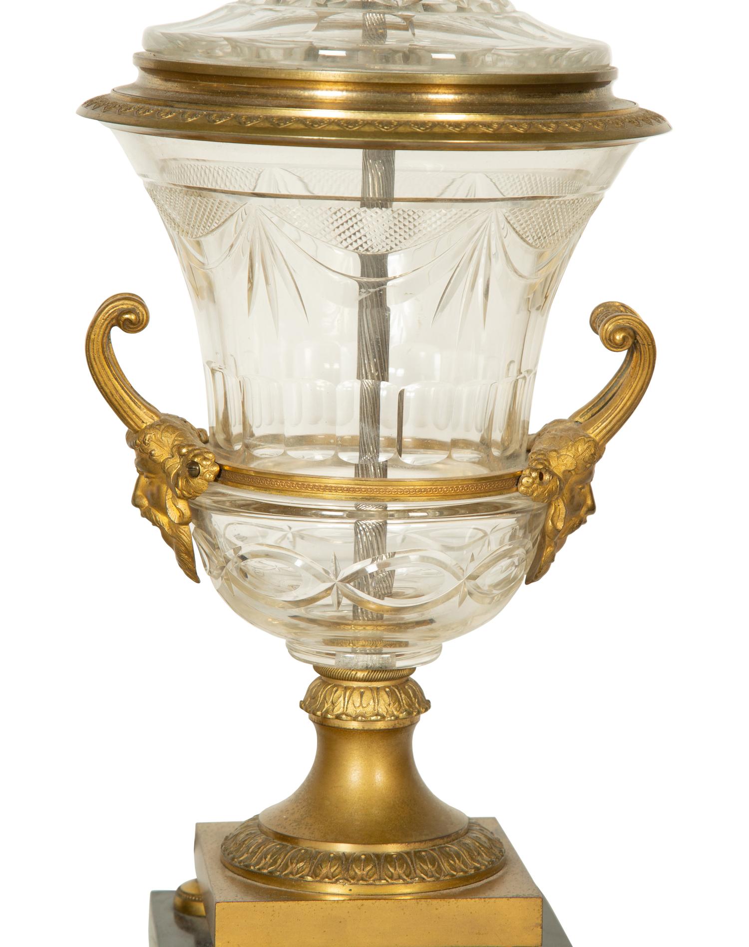 A Pair of Continental Gilt Bronze and Cut Glass Urns Mounted as Lamps