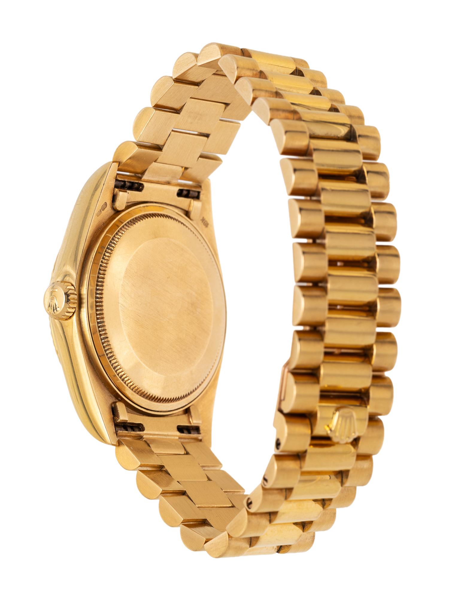 ROLEX, REF. 18038 18K YELLOW GOLD 'DAY-DATE' 'SINGLE QUICKSET' WATCH, WITH DESIREABLE 'WHITE ROMAN' DIAL