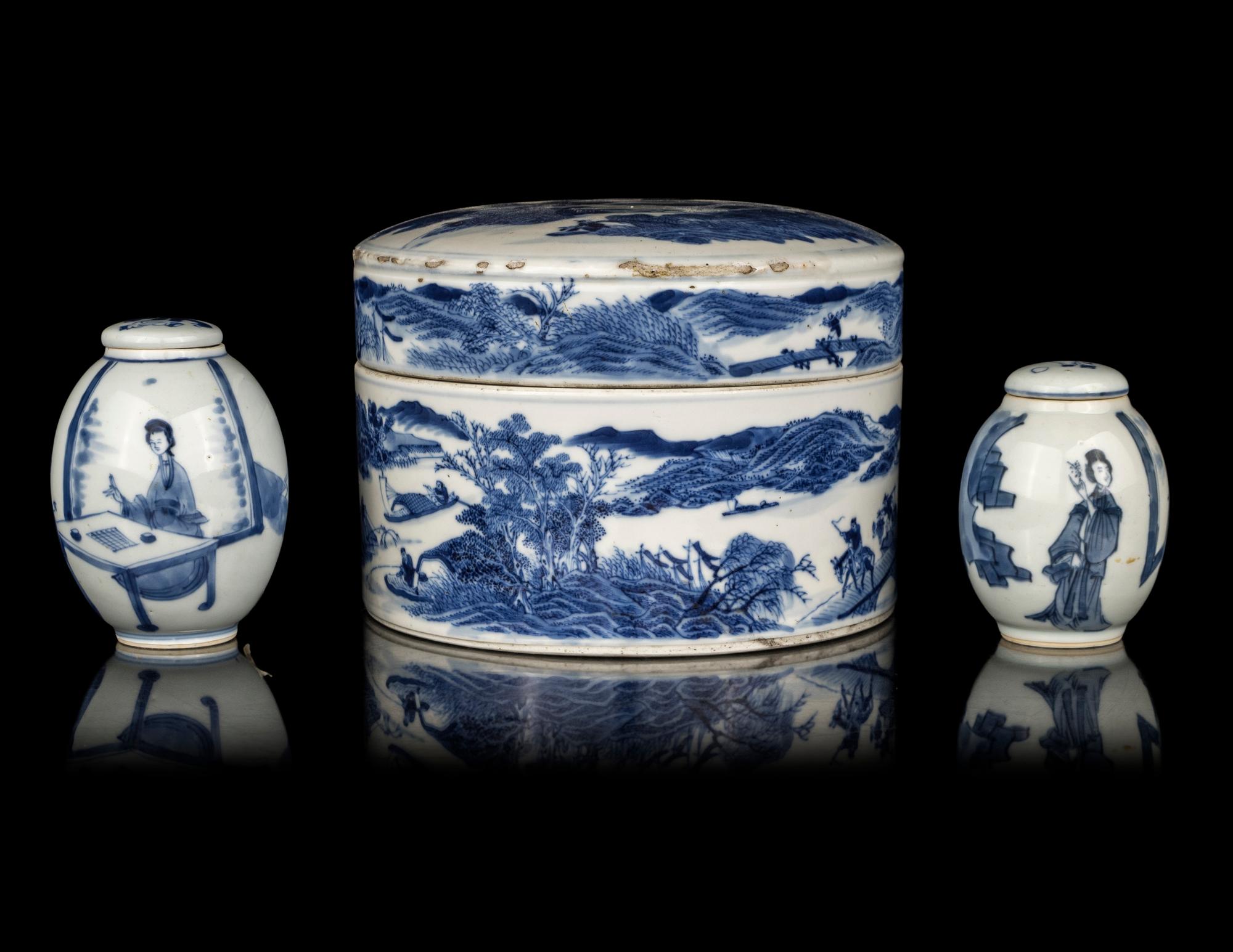 Three Chinese Export Blue and White Porcelain Covered Jars