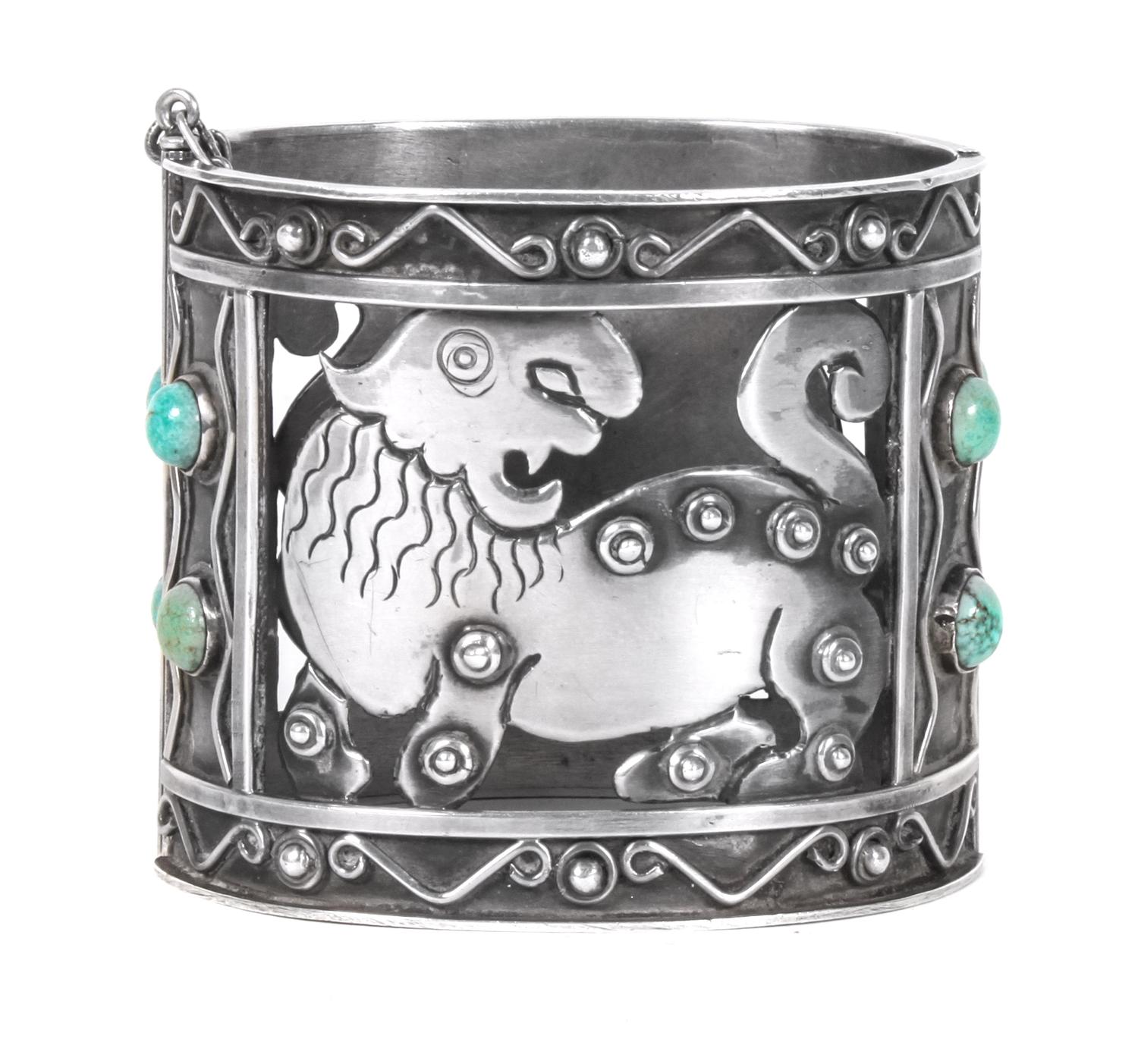 A Mexican Silver and Turquoise Bracelet, Frederick Davis (1880-1961) Length 7 3/8 x 2 1/4 inches.