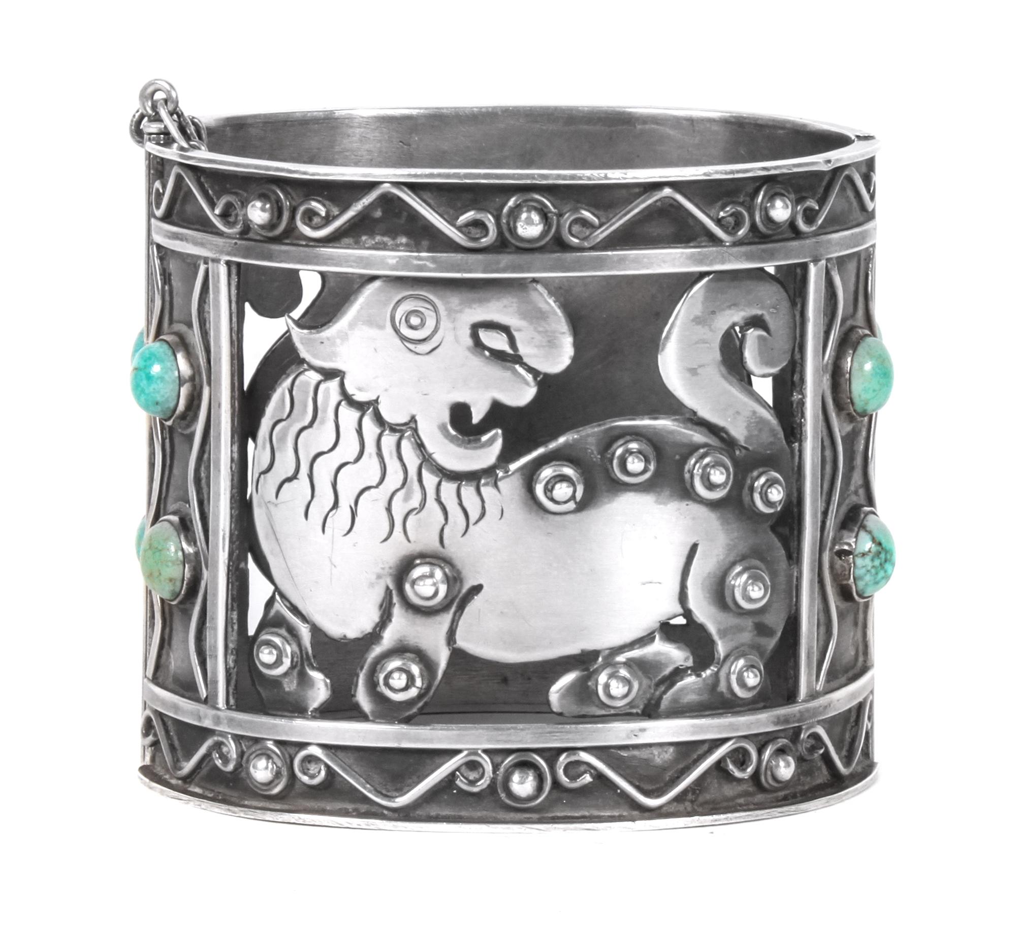 A Mexican Silver and Turquoise Bracelet, Frederick Davis (1880-1961) Length 7 3/8 x 2 1/4 inches.