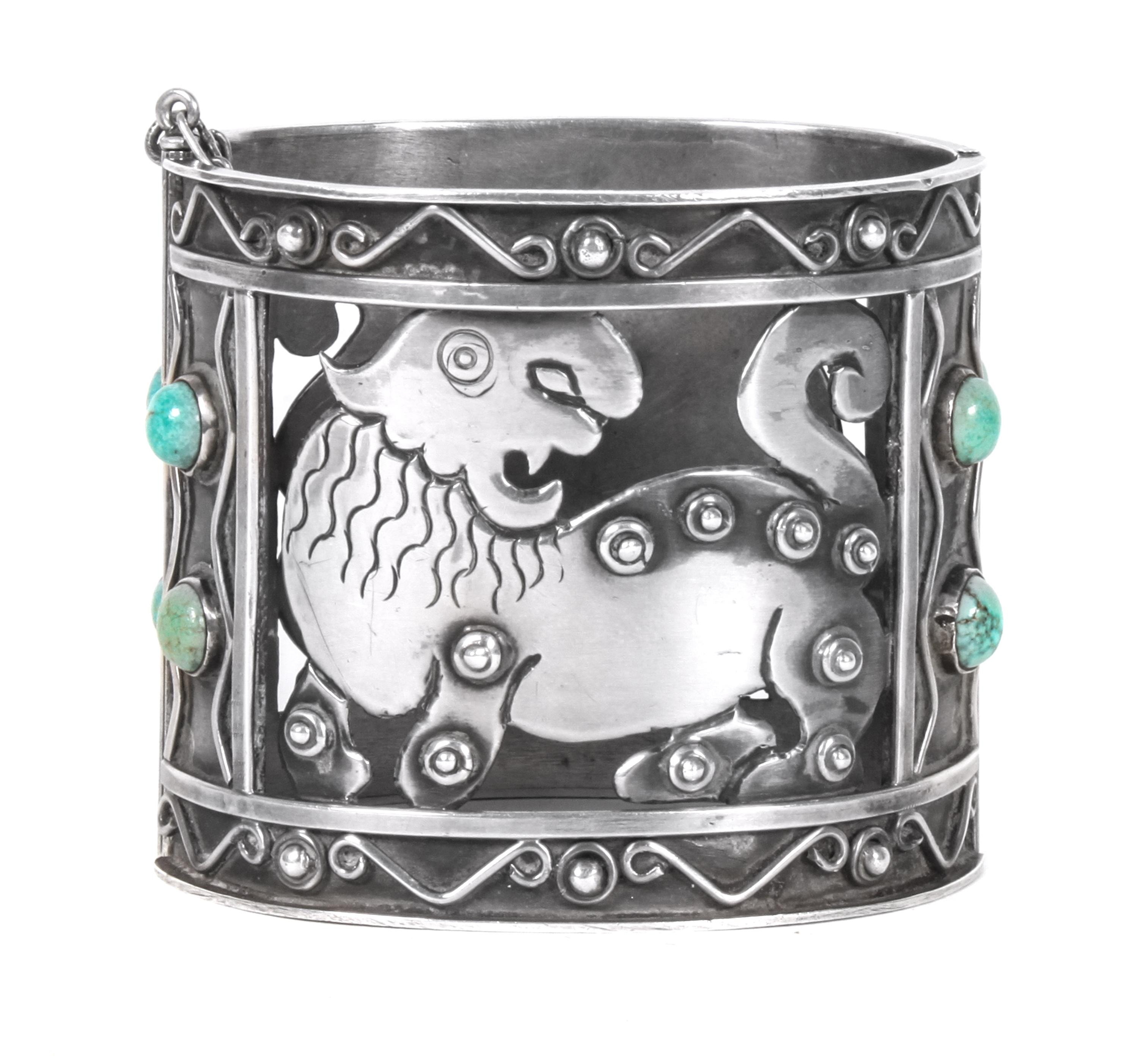 A Mexican Silver and Turquoise Bracelet, Frederick Davis (1880-1961) Length 7 3/8 x 2 1/4 inches.
