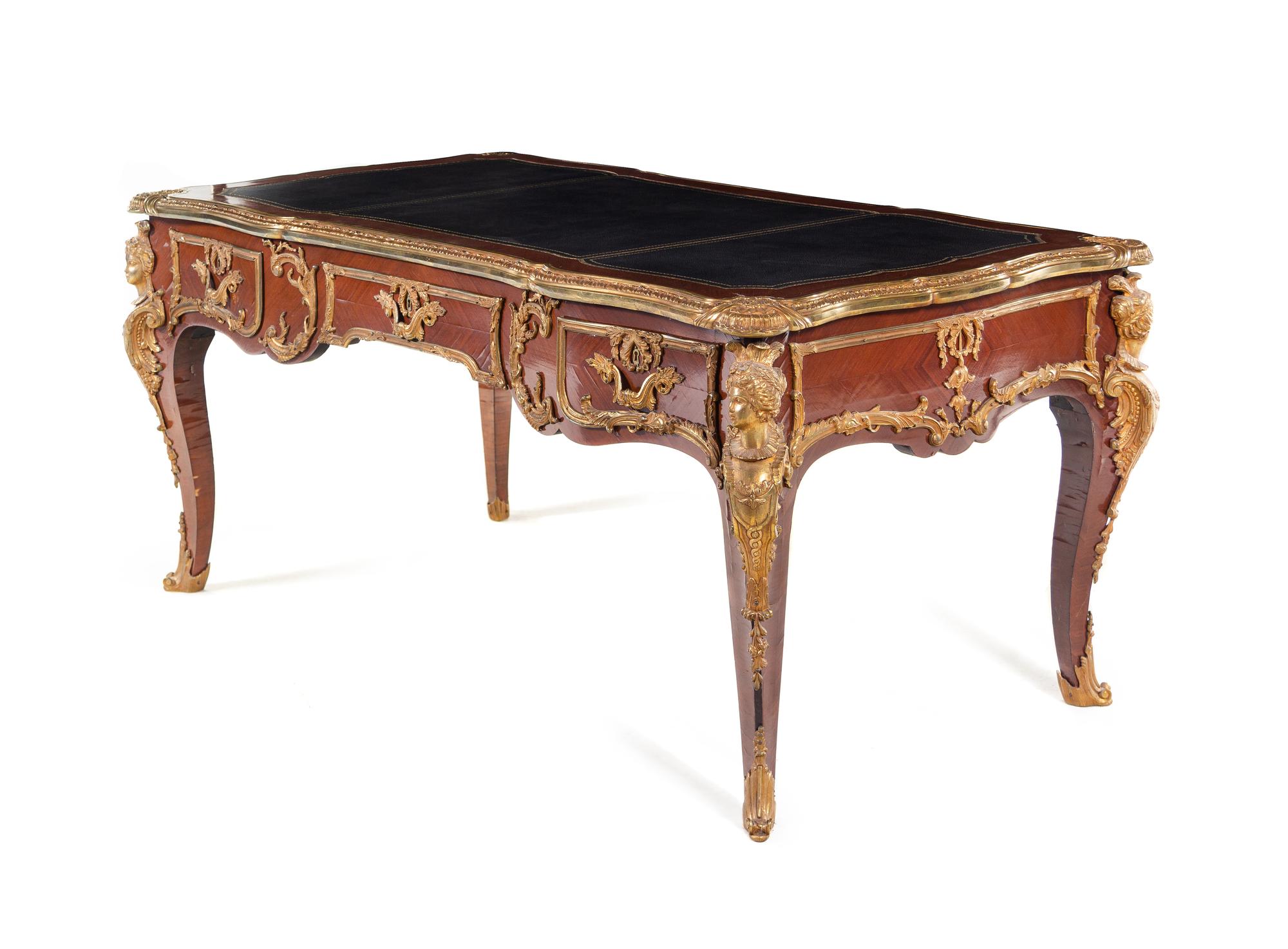 A Louis XV Style Gilt Bronze Mounted Mahogany Bureau Plat