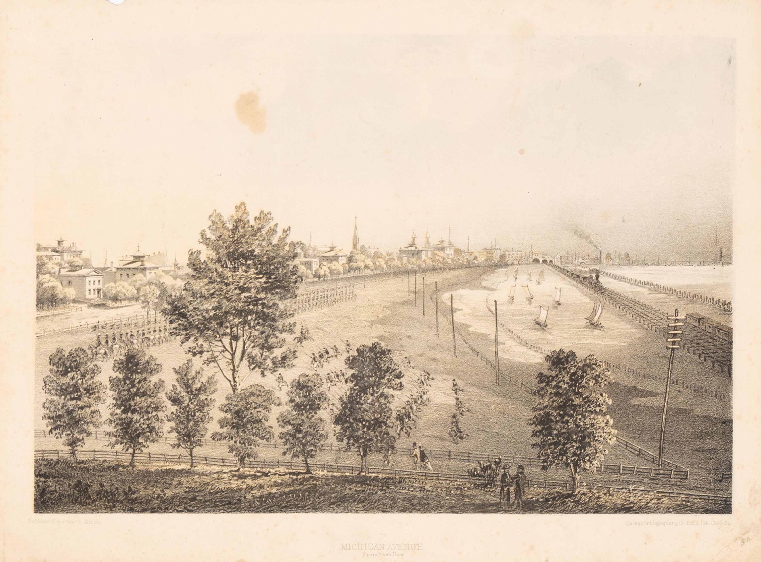 [Chicago Fire]. A group of 10 prints and 2 paintings, showing views of Chicago before and after the Great Fire, including: