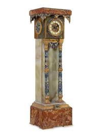 A French Green Onyx, Champlevé Enamel and Marble Pedestal Clock