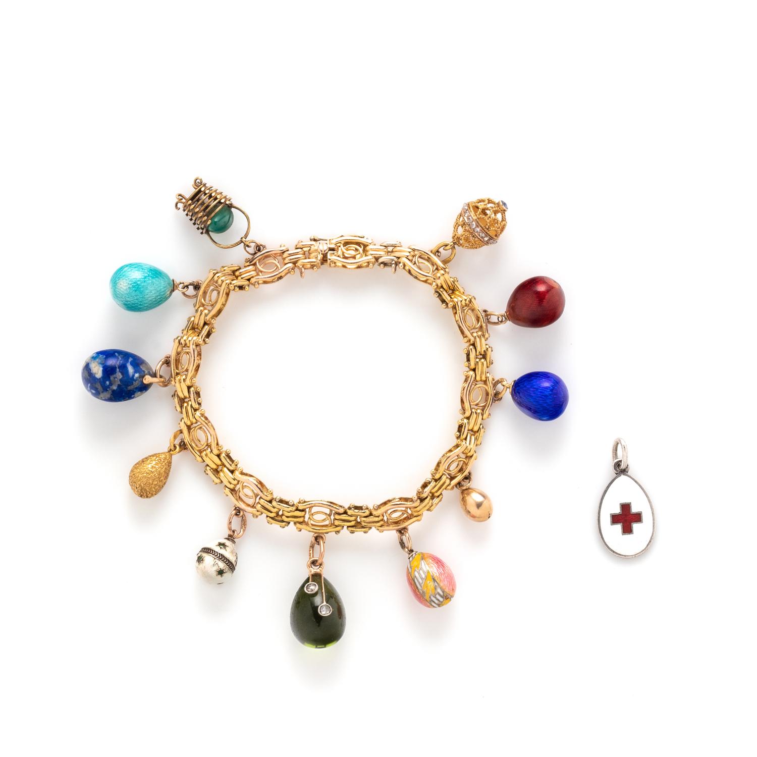 RUSSIAN, ANTIQUE, YELLOW GOLD AND ENAMEL EGG CHARM BRACELET