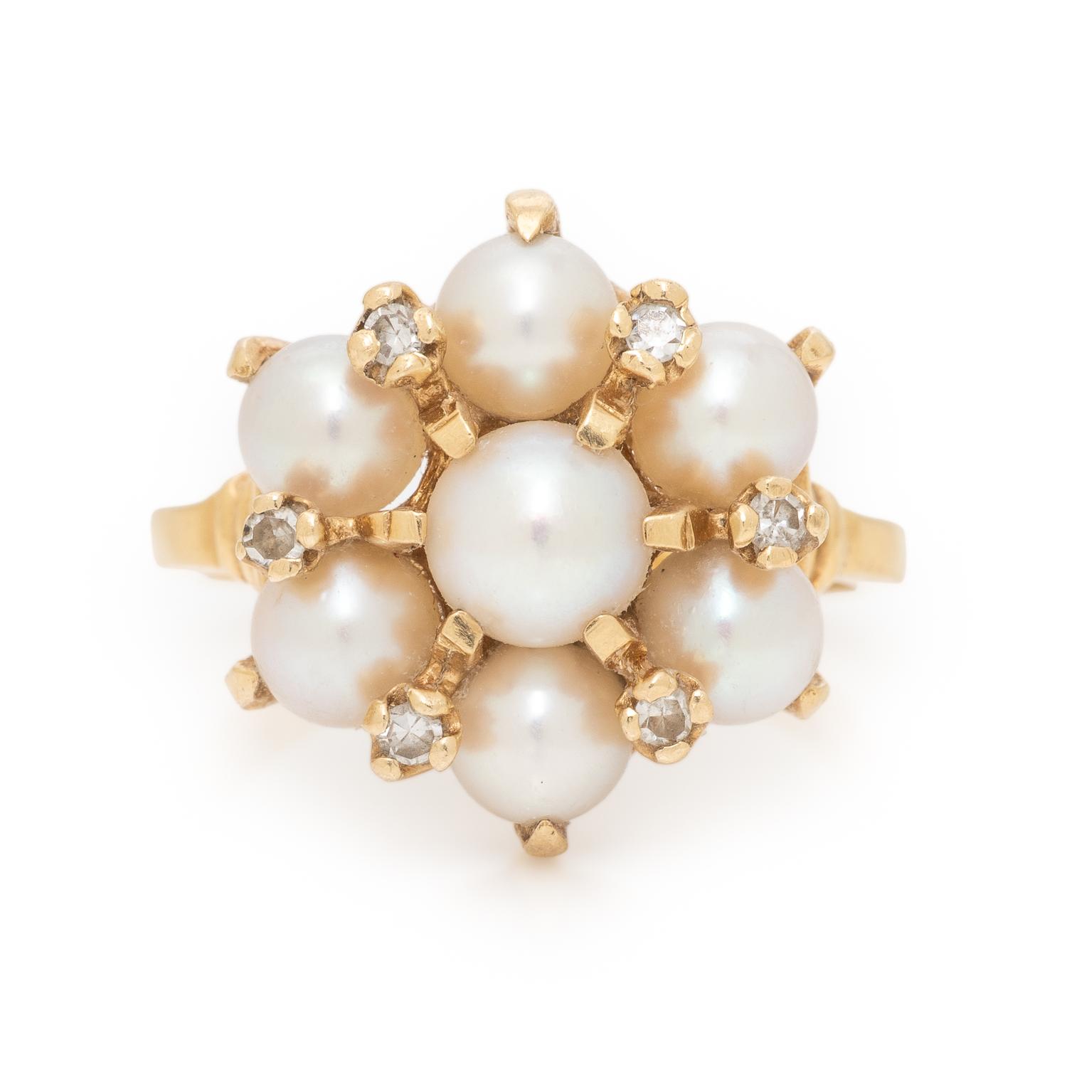 Cultured Pearl, Diamond, and Yellow Gold Ring