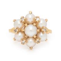 Cultured Pearl, Diamond, and Yellow Gold Ring