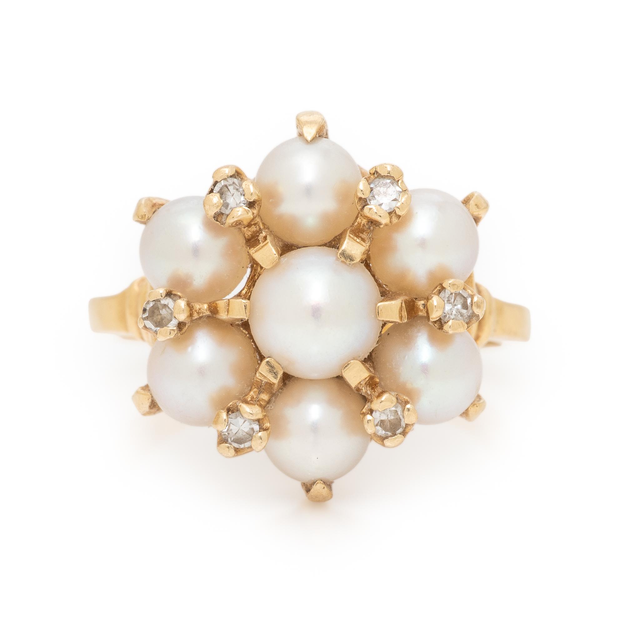 Cultured Pearl, Diamond, and Yellow Gold Ring
