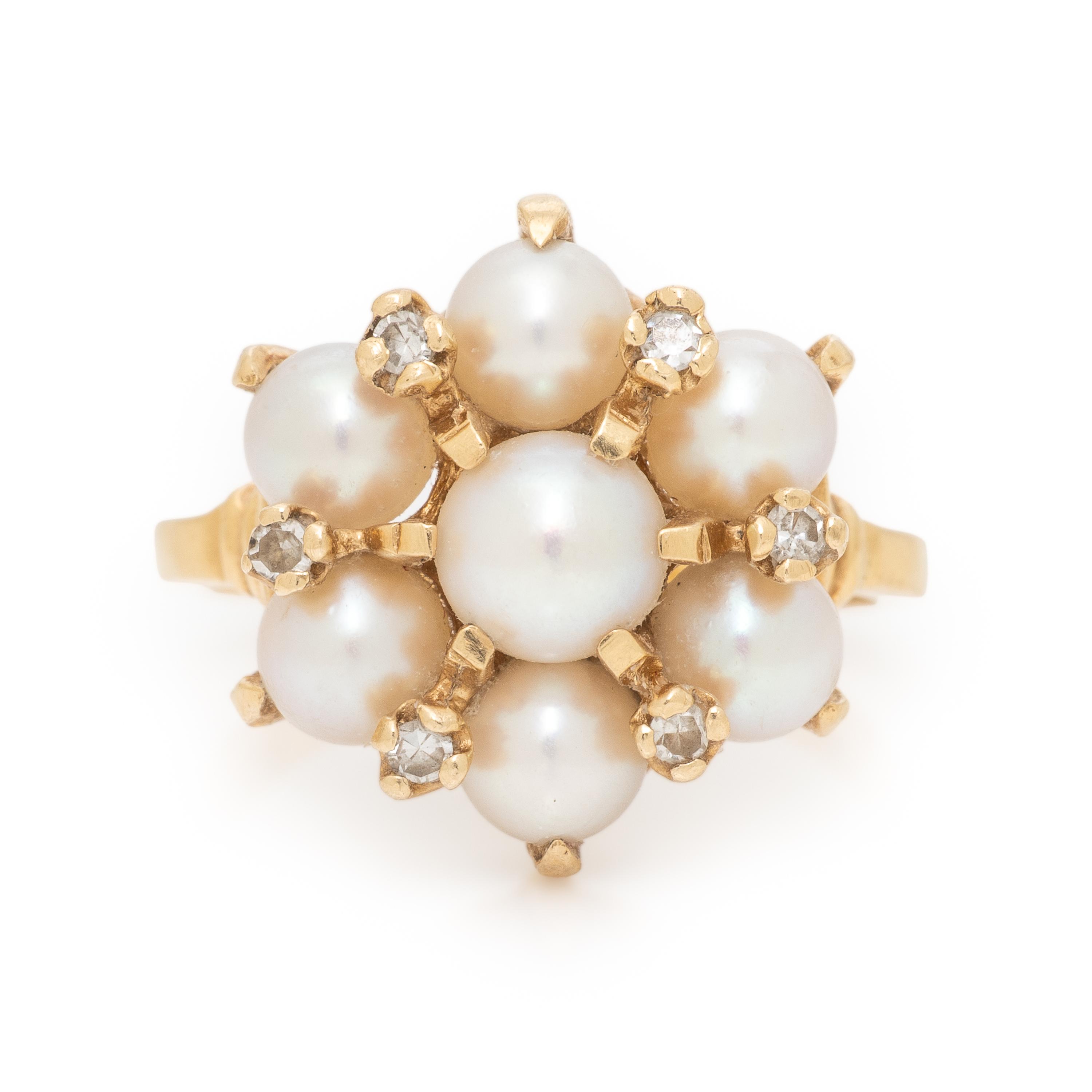 Cultured Pearl, Diamond, and Yellow Gold Ring