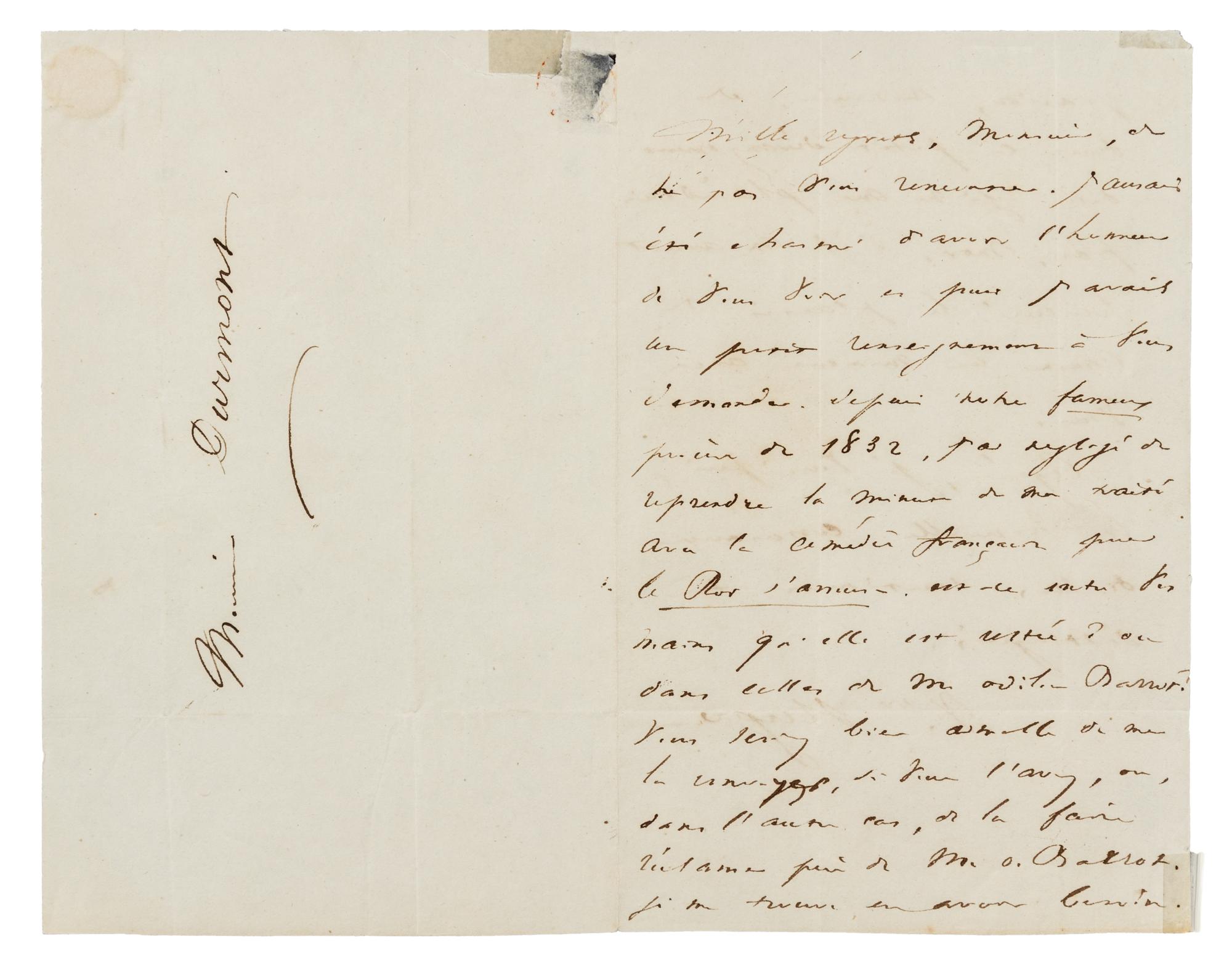 HUGO, Victor (1802-1885). Autograph letter signed ("Vr. Hugo"), to Mr. Durmont. N.p., n.d.